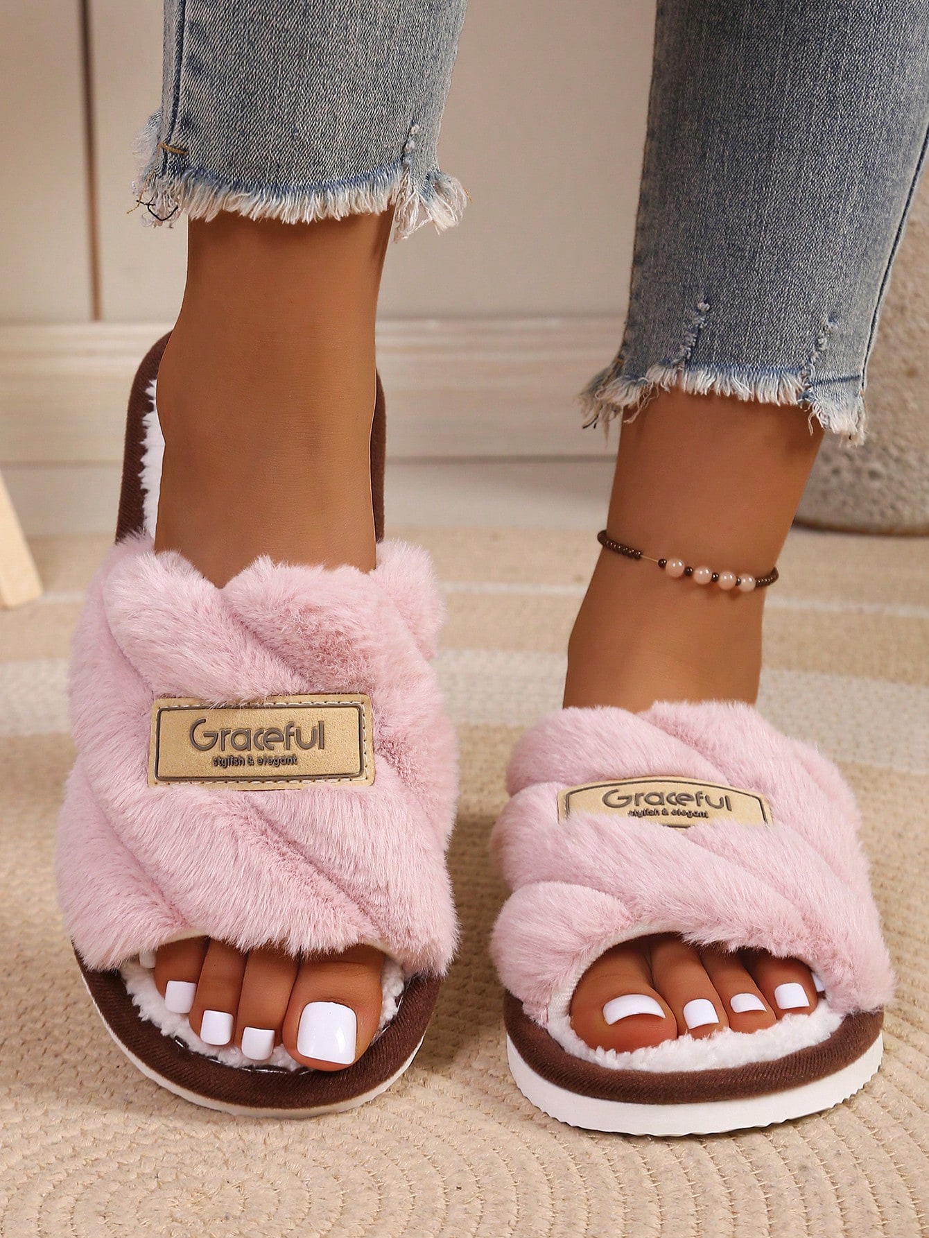 Chaussons classiques à larges rayures pour femmes, bout ouvert, en peluche, chaussures