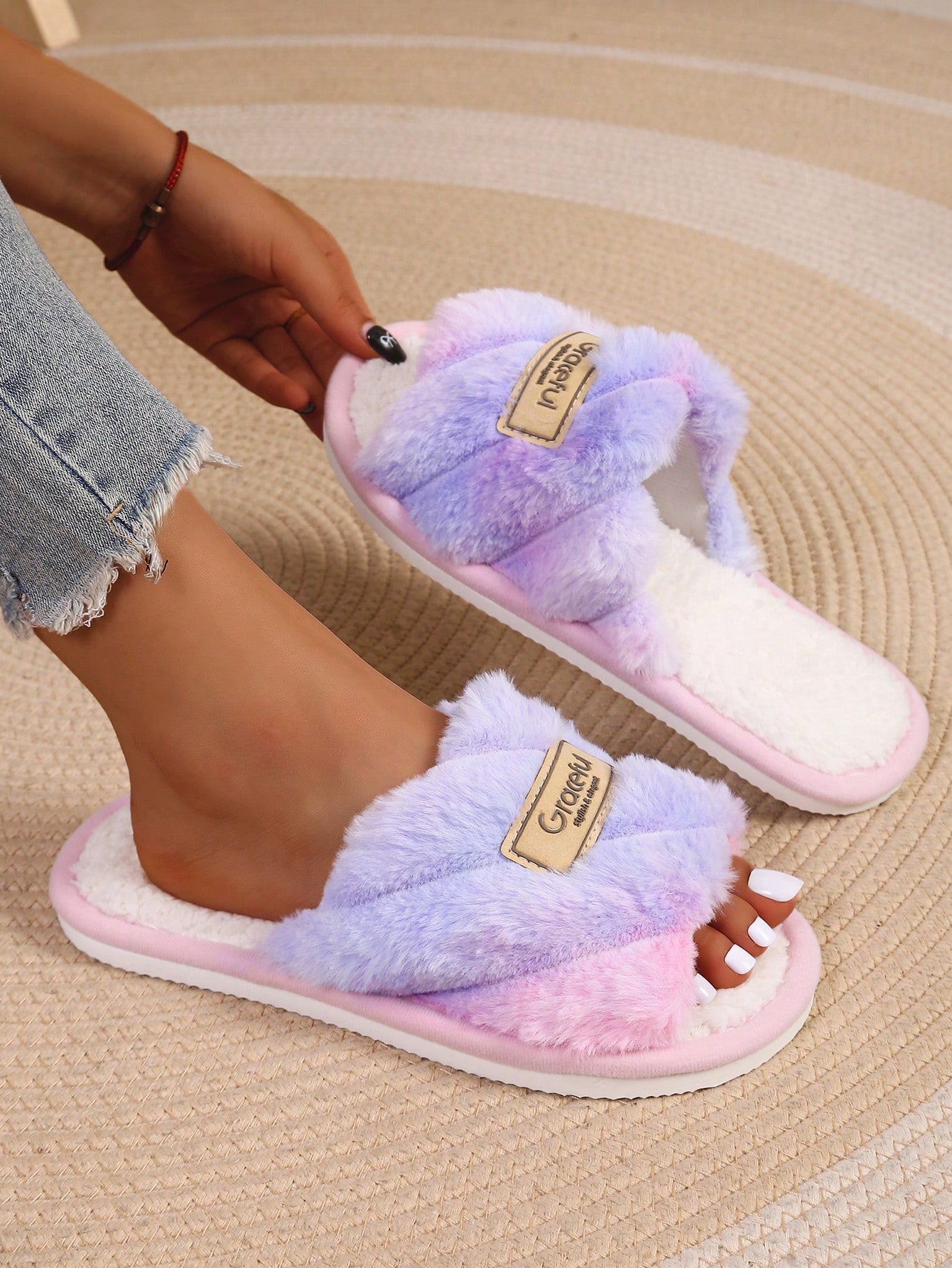 Chaussons classiques à larges rayures pour femmes, bout ouvert, en peluche, chaussures — vue 6