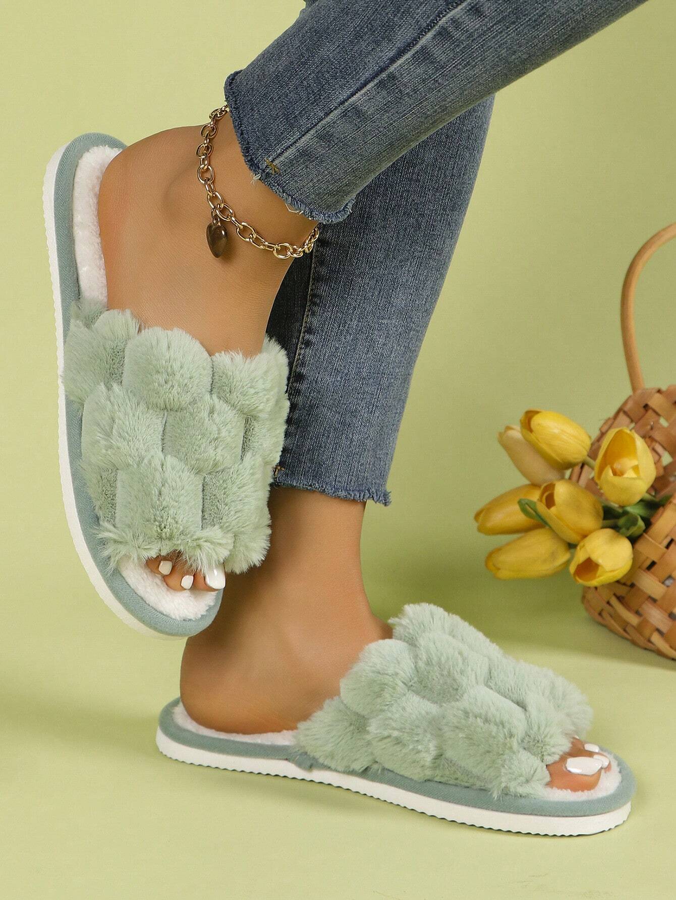 Pantoufles ouvertes en peluche moelleuse pour femmes, confortables et respirantes, — vue 3