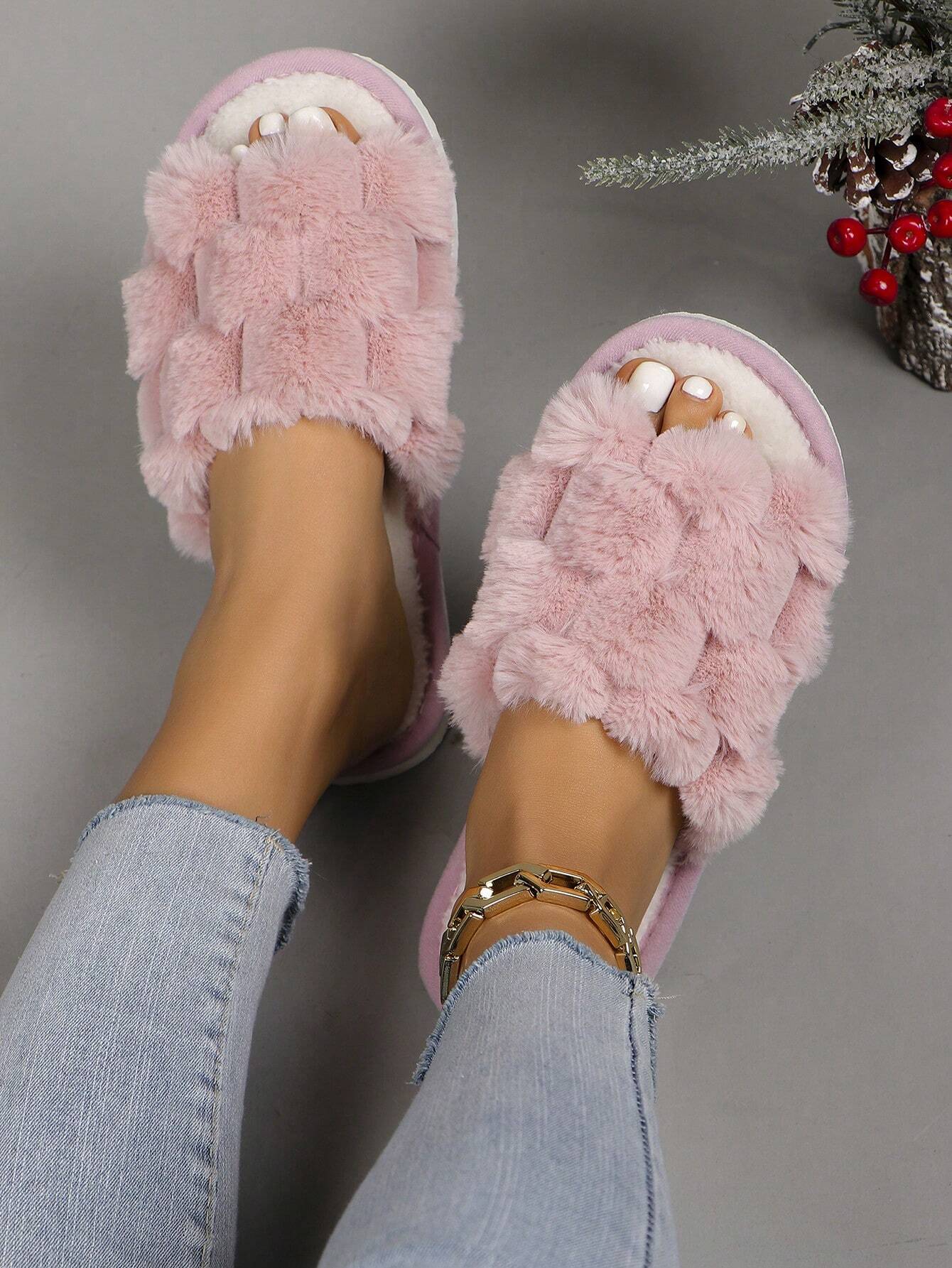 Pantoufles ouvertes en peluche moelleuse pour femmes, confortables et respirantes, — vue 2
