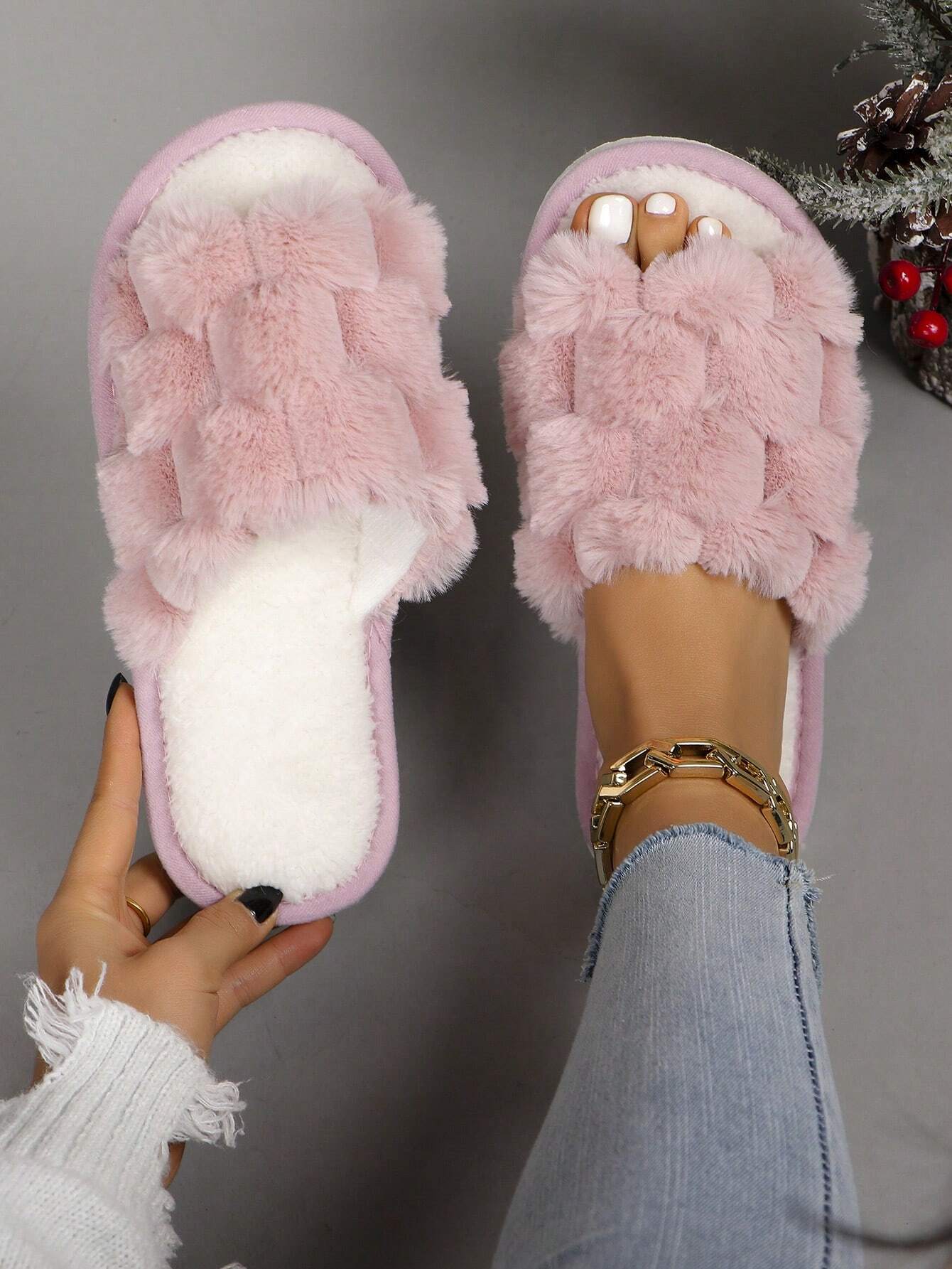 Pantoufles ouvertes en peluche moelleuse pour femmes, confortables et respirantes, — vue 5