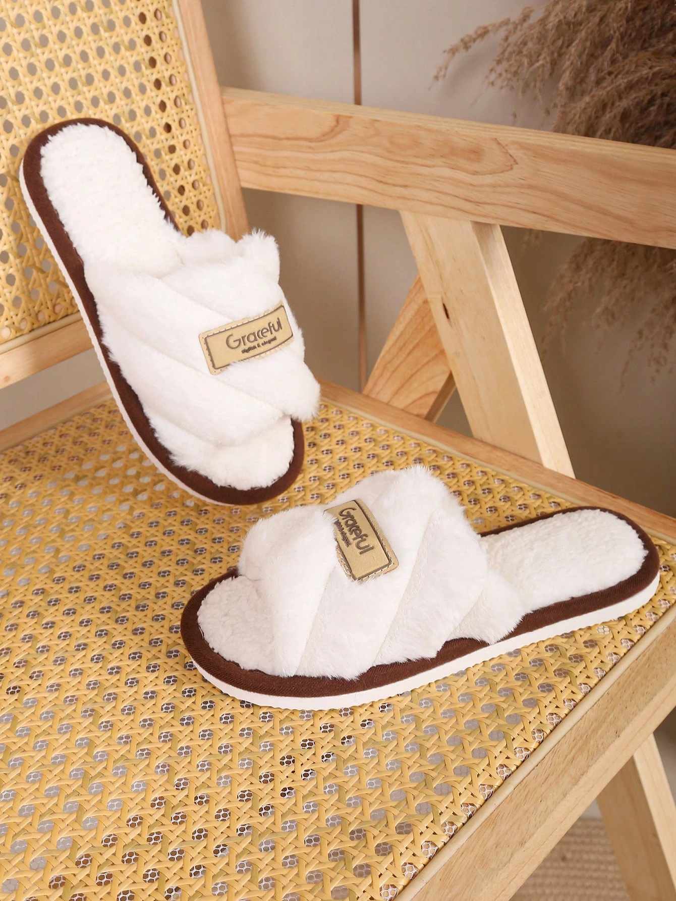 Chaussons classiques à larges rayures pour femmes, bout ouvert, en peluche, chaussures — vue 11