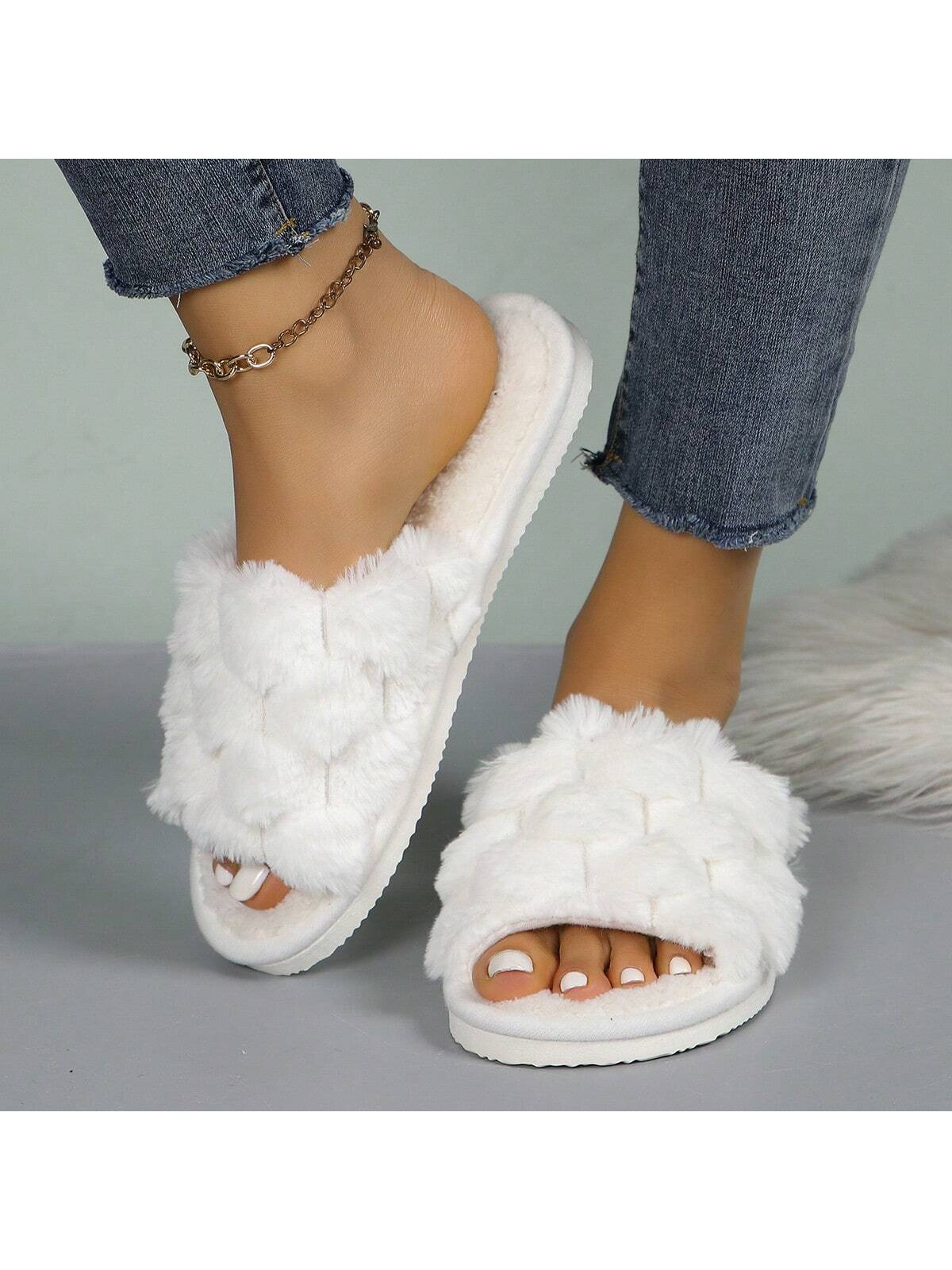 Pantoufles ouvertes en peluche moelleuse pour femmes, confortables et respirantes, — vue 7