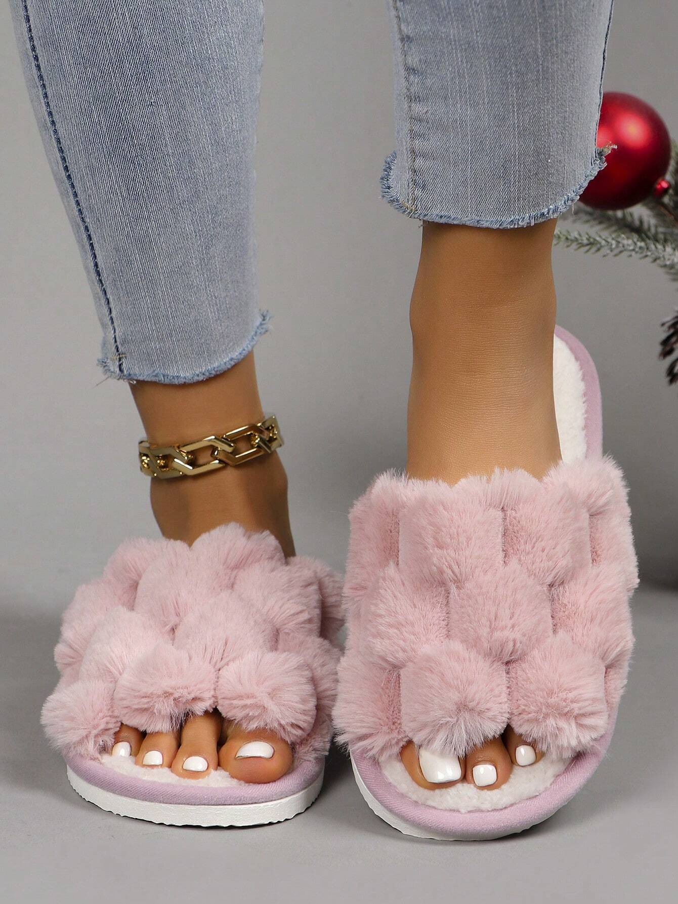 Pantoufles ouvertes en peluche moelleuse pour femmes, confortables et respirantes, — vue 11