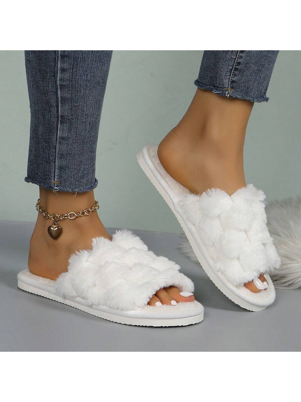 Pantoufles ouvertes en peluche moelleuse pour femmes, confortables et respirantes, — vue 10