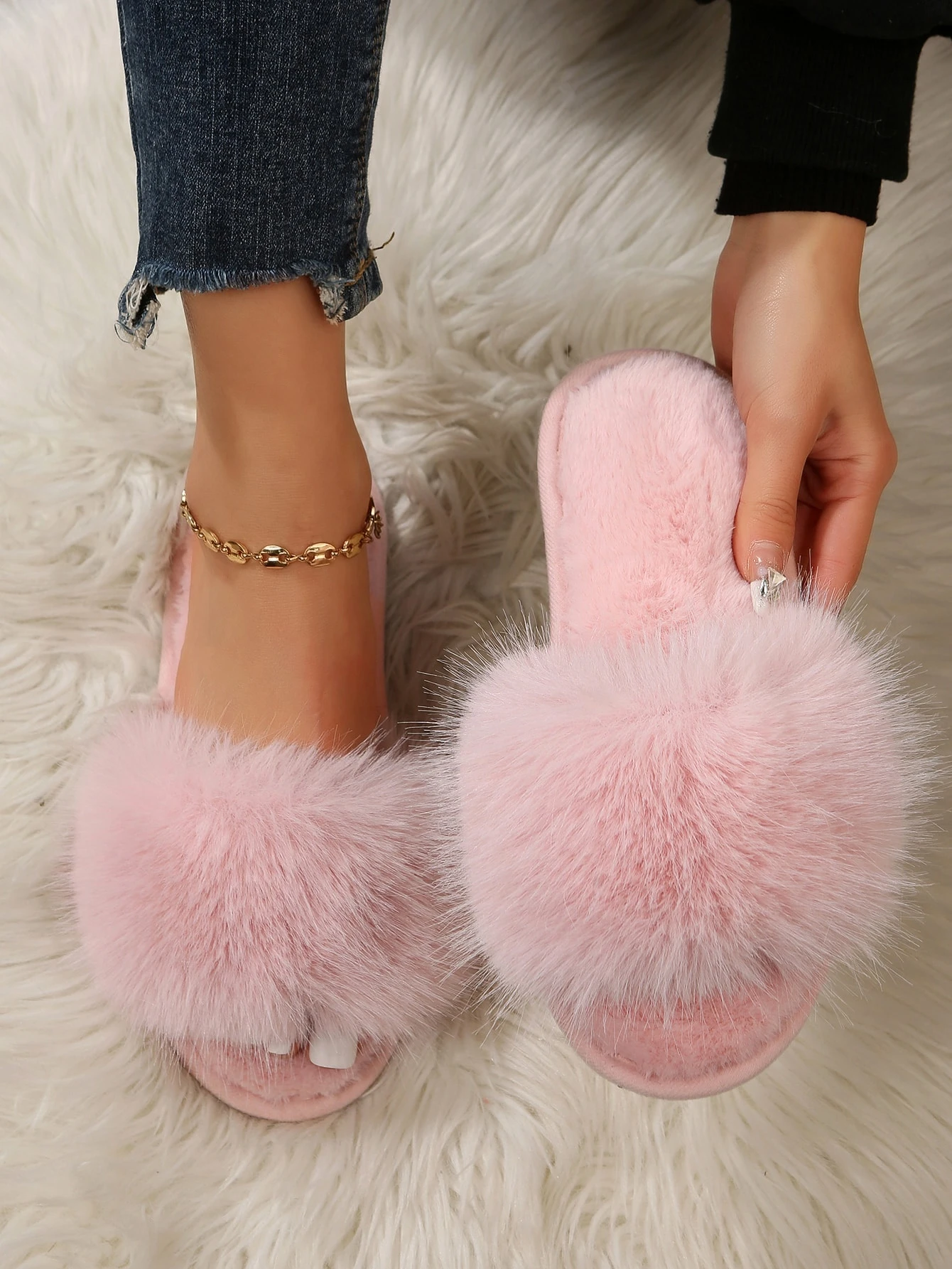 Pantoufles à double bride en fausse fourrure pour femmes, mules d'intérieur douces et — vue 10