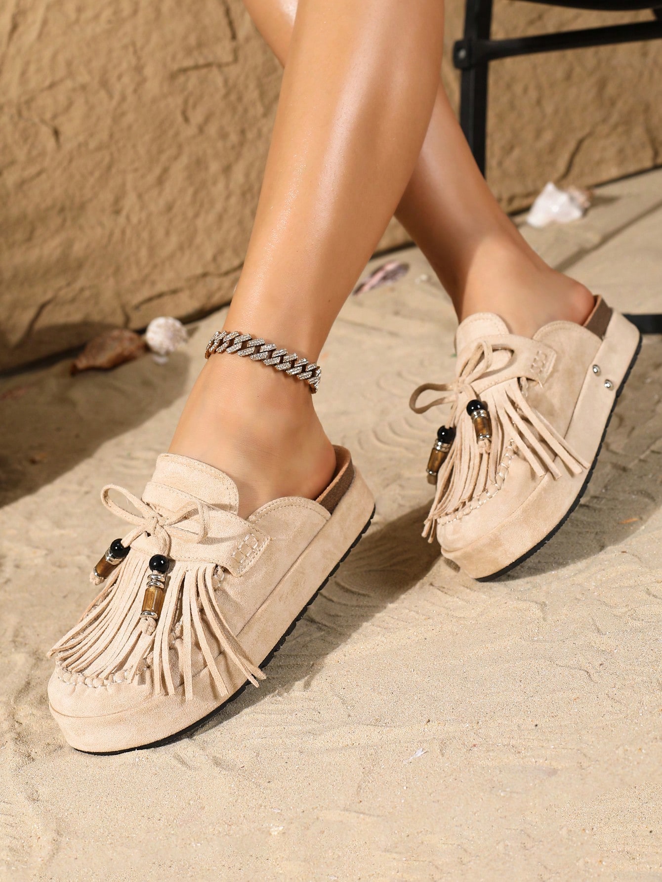 HGUIGJ Mules bohèmes pour femmes avec nœud à franges, semelle épaisse, style rétro, sans — vue 3