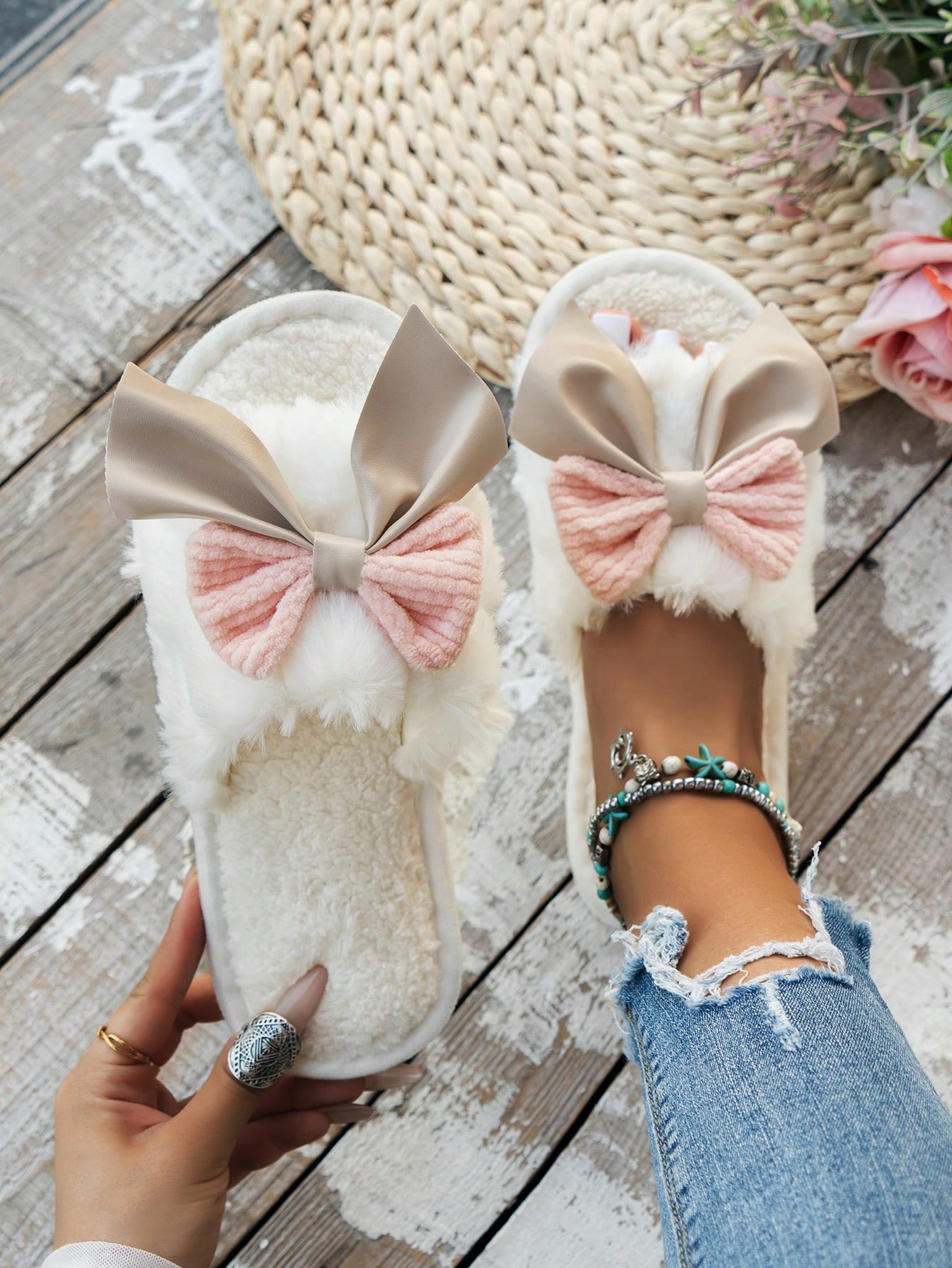 Chaussons d'intérieur pour femme au printemps, avec nœud papillon, bout ouvert, en — vue 6