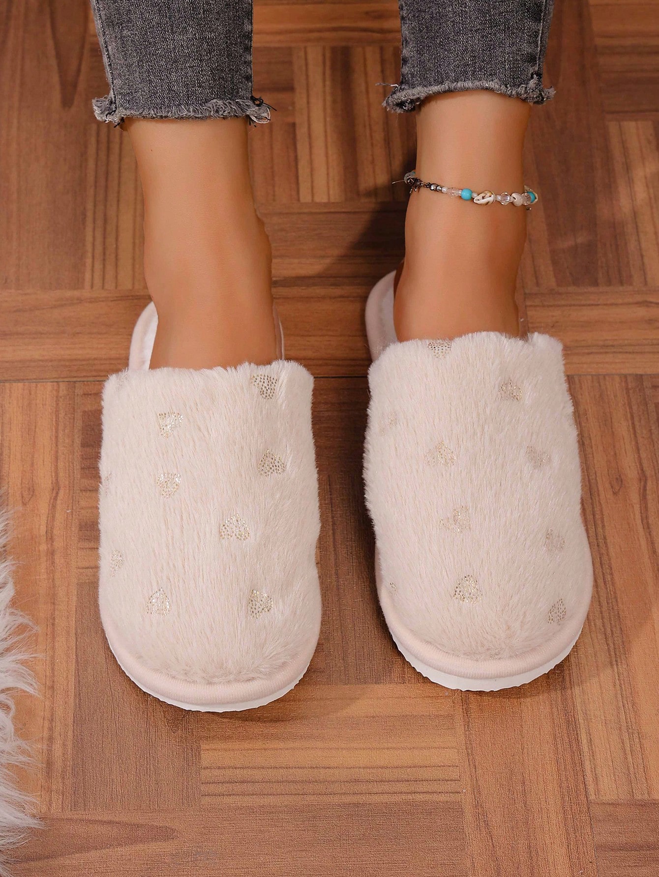 Pantoufles moelleuses et chaudes pour femmes avec petit motif cœur, pantoufles — vue 2