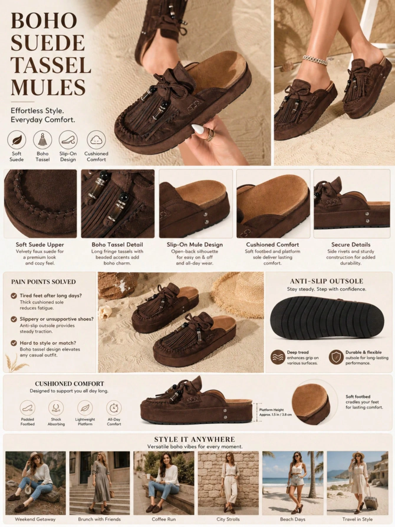 HGUIGJ Mules bohèmes pour femmes avec nœud à franges, semelle épaisse, style rétro, sans — vue 7