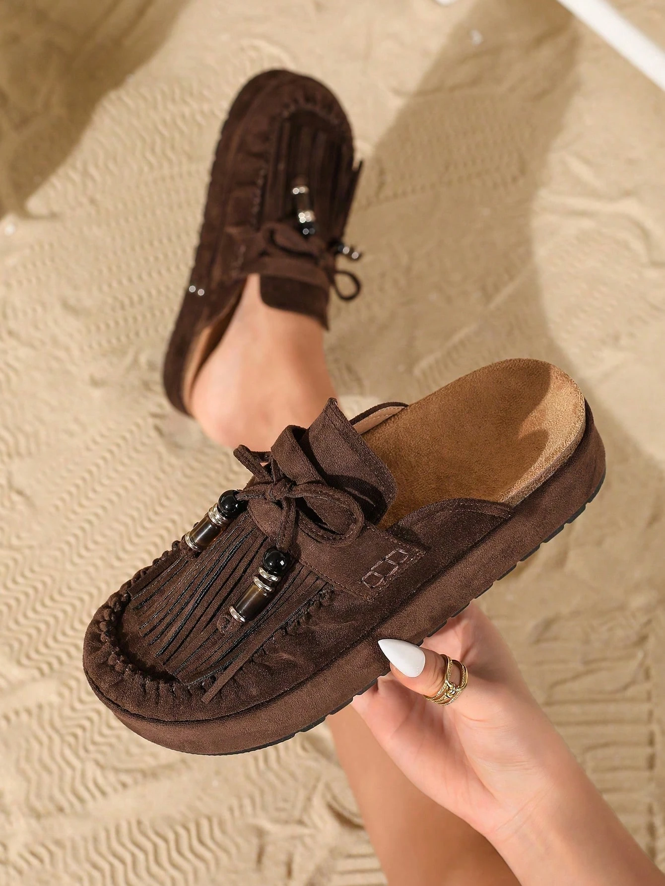 HGUIGJ Mules bohèmes pour femmes avec nœud à franges, semelle épaisse, style rétro, sans — vue 12
