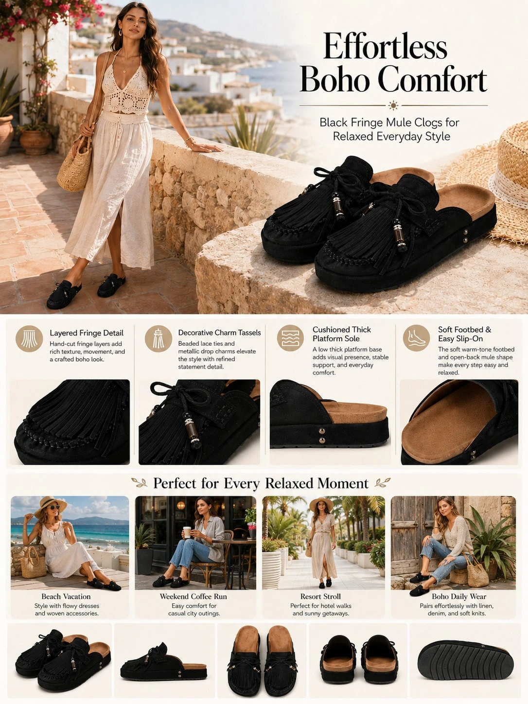 HGUIGJ Mules bohèmes pour femmes avec nœud à franges, semelle épaisse, style rétro, sans — vue 9