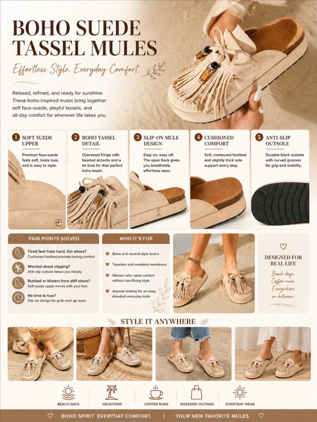 HGUIGJ Mules bohèmes pour femmes avec nœud à franges, semelle épaisse, style rétro, sans — vue 8