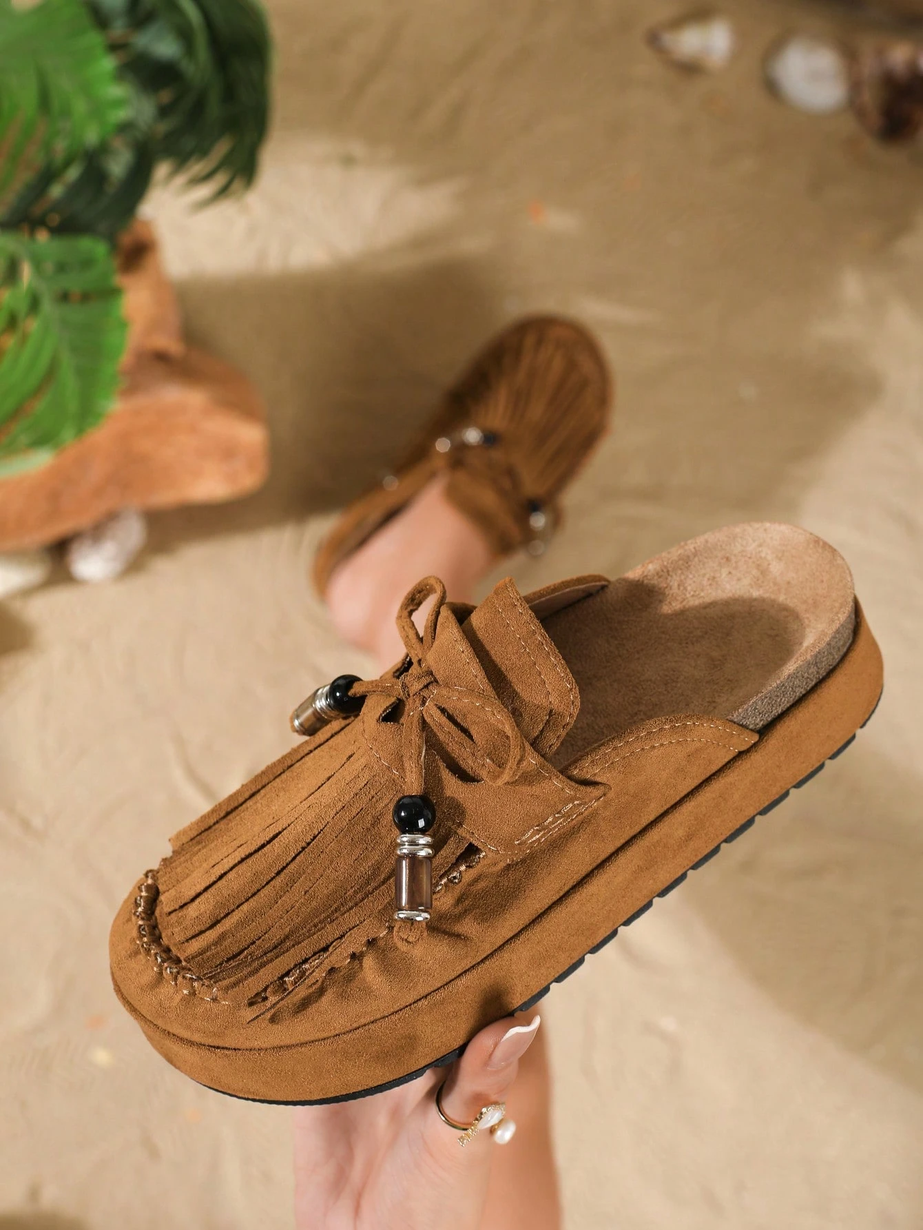 HGUIGJ Mules bohèmes pour femmes avec nœud à franges, semelle épaisse, style rétro, sans — vue 11