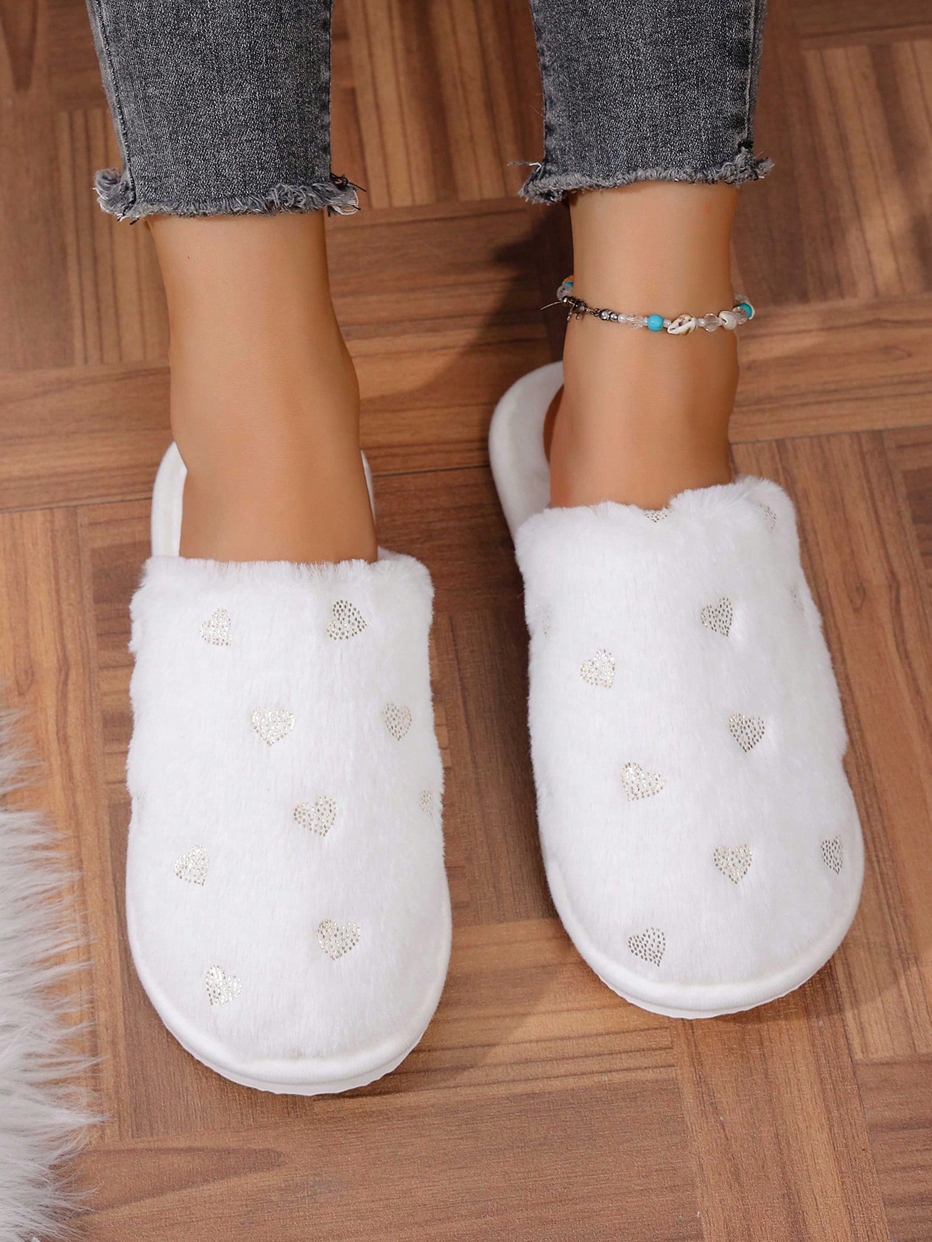 Pantoufles moelleuses et chaudes pour femmes avec petit motif cœur, pantoufles — vue 9