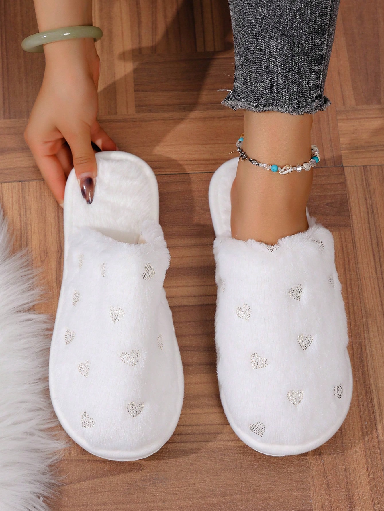 Pantoufles moelleuses et chaudes pour femmes avec petit motif cœur, pantoufles — vue 7