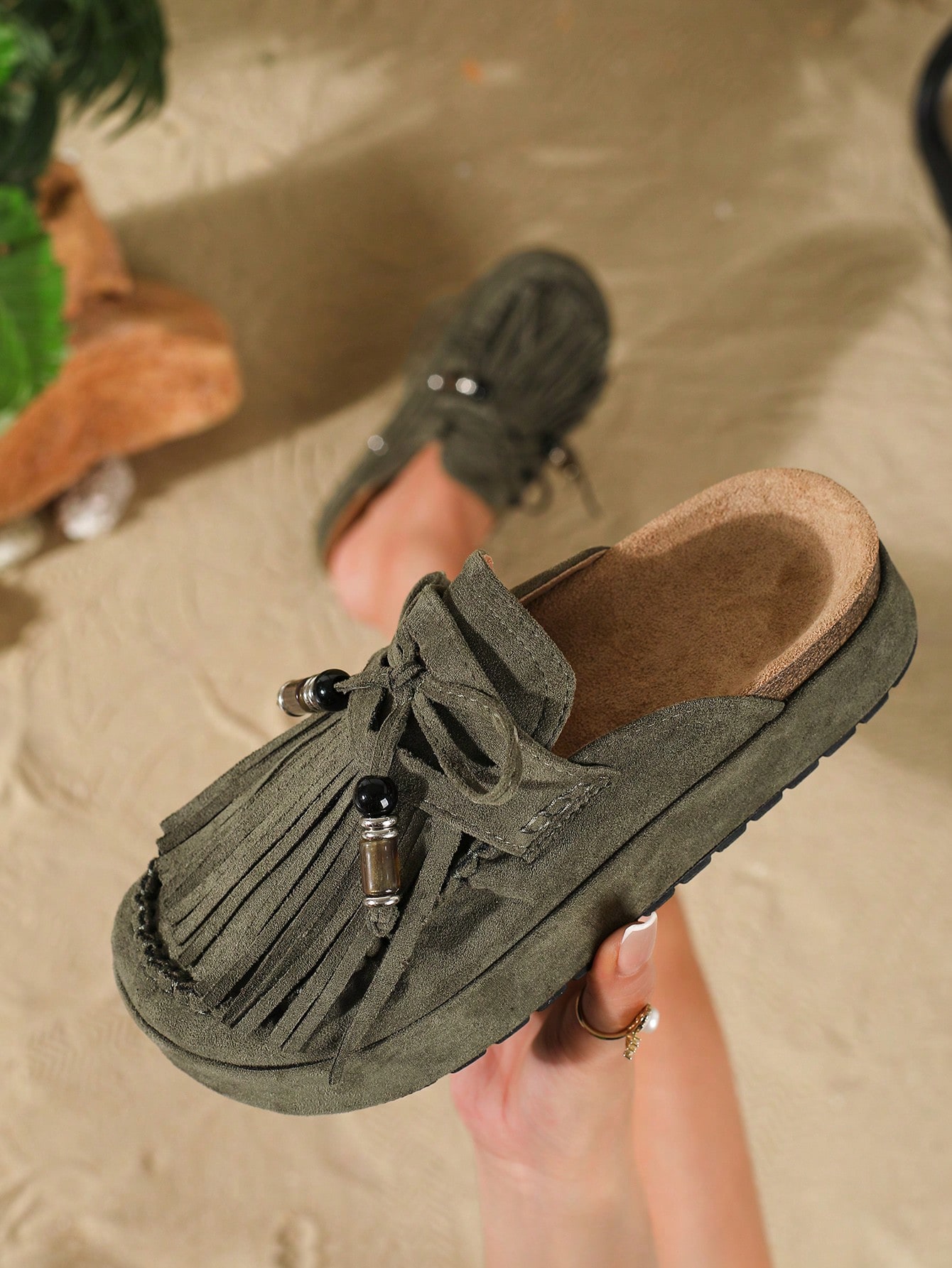 HGUIGJ Mules bohèmes pour femmes avec nœud à franges, semelle épaisse, style rétro, sans — vue 14