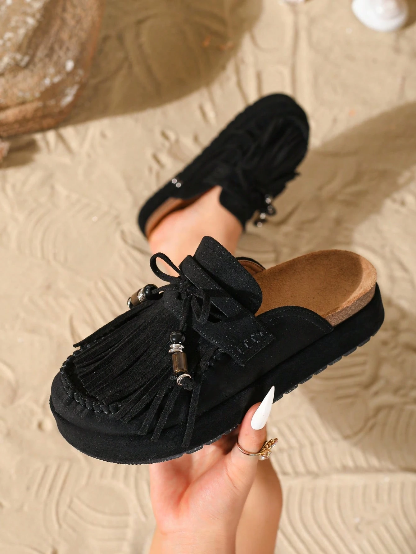 HGUIGJ Mules bohèmes pour femmes avec nœud à franges, semelle épaisse, style rétro, sans — vue 13