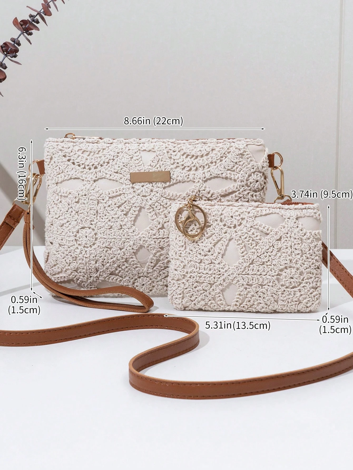 Ensemble 2 pièces avec petit portefeuille, sac à main tressé ajouré à motif floral, — vue 6
