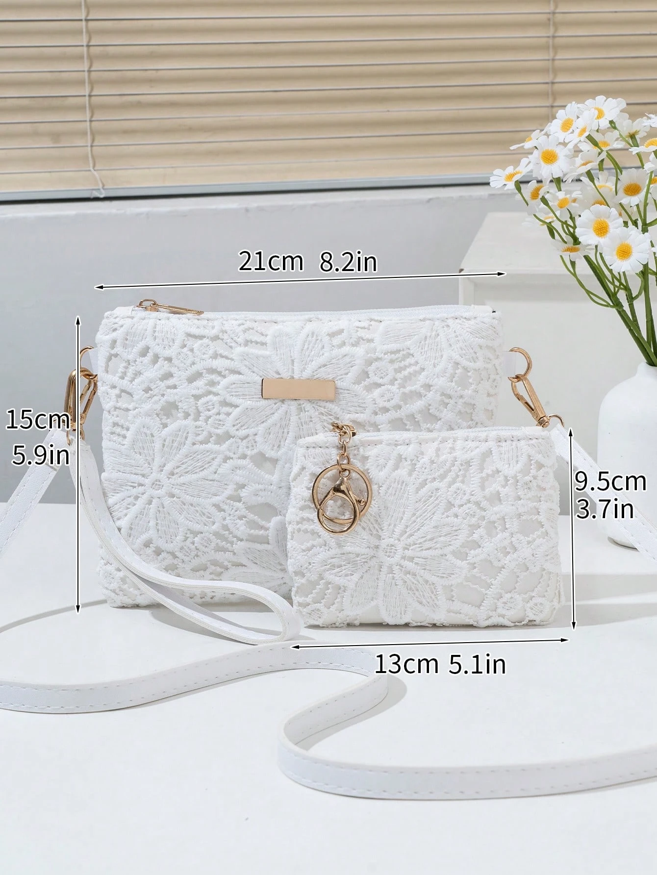 Ensemble 2 pièces avec petit portefeuille, sac à main tressé ajouré à motif floral, — vue 5