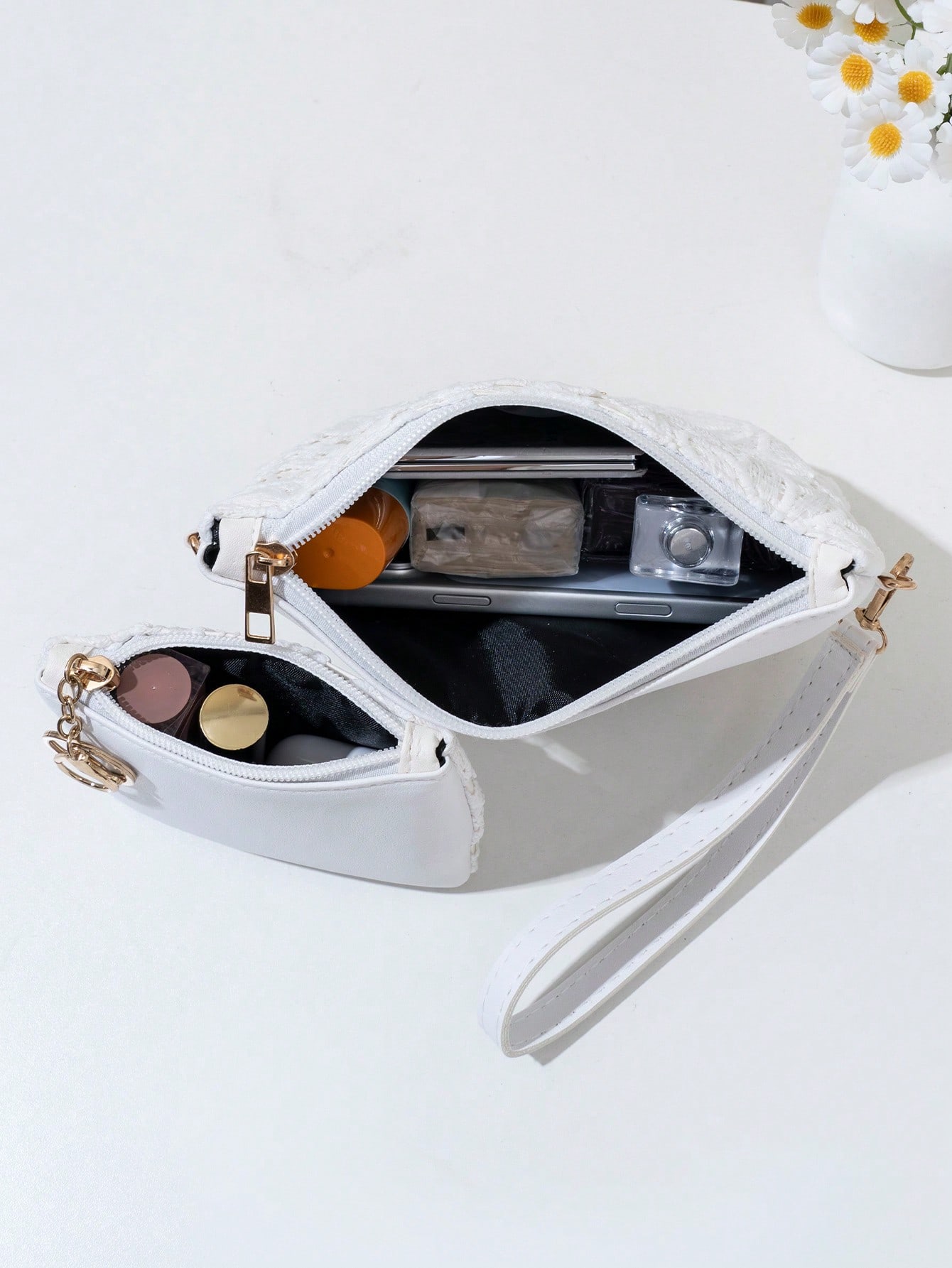 Ensemble 2 pièces avec petit portefeuille, sac à main tressé ajouré à motif floral, — vue 9