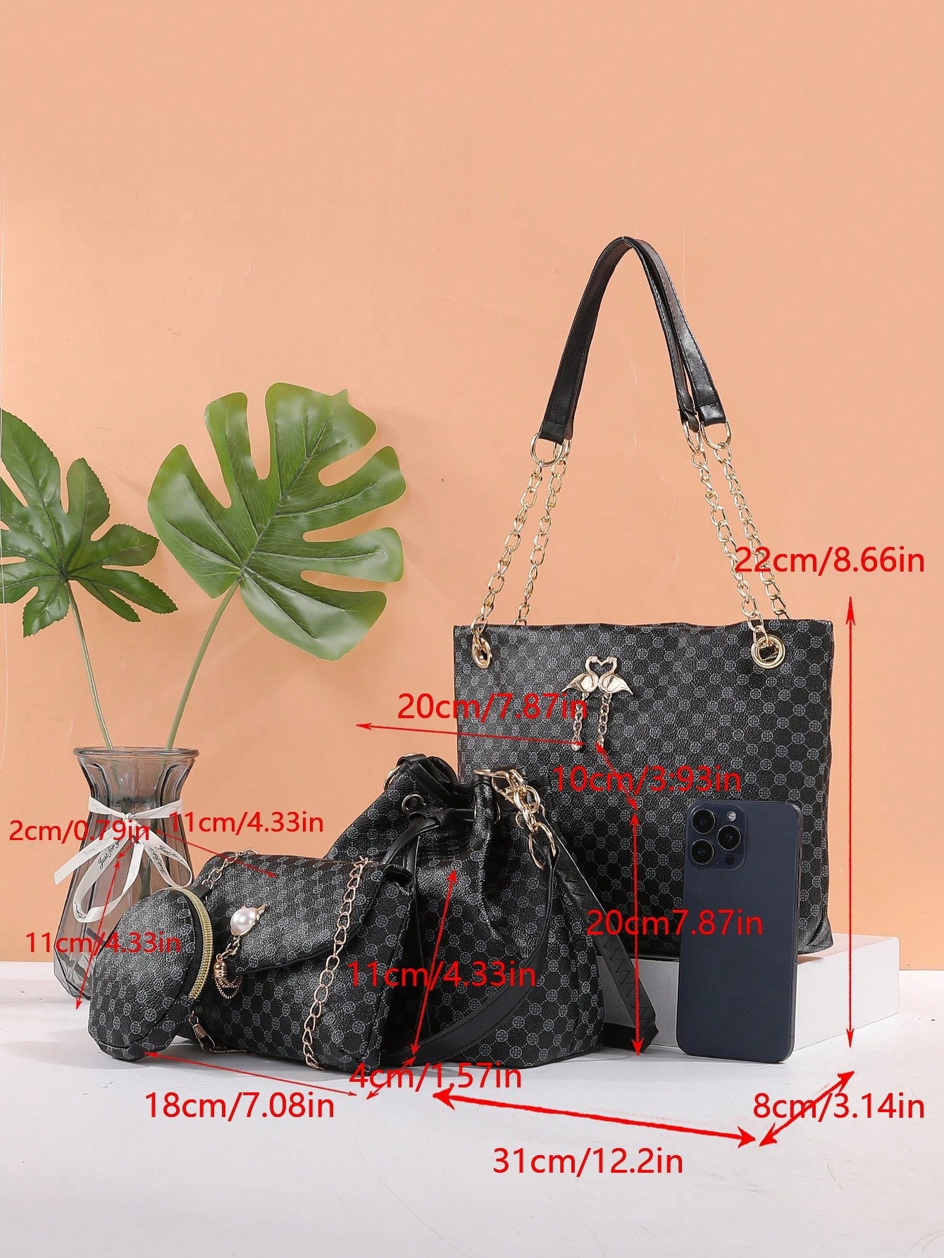 Ensemble de sac à main femme à motif pois, style décontracté avec boucle, fermeture — vue 10