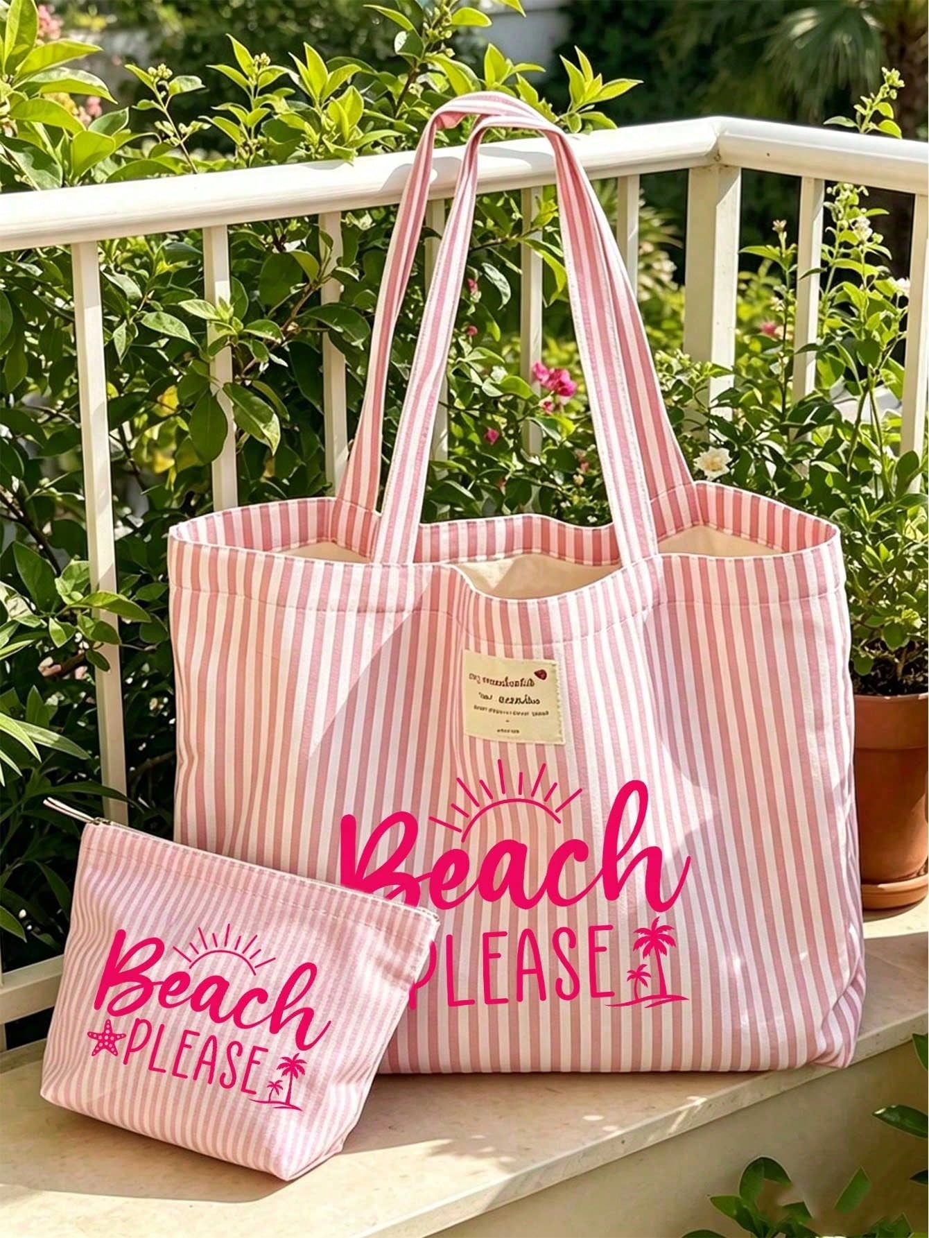 Grand sac fourre-tout de style plage à rayures avec pochette de rangement assortie - — vue 2