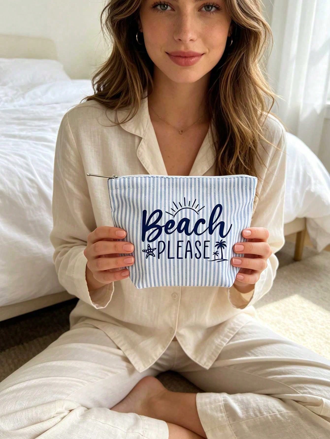 Grand sac fourre-tout de style plage à rayures avec pochette de rangement assortie - — vue 4