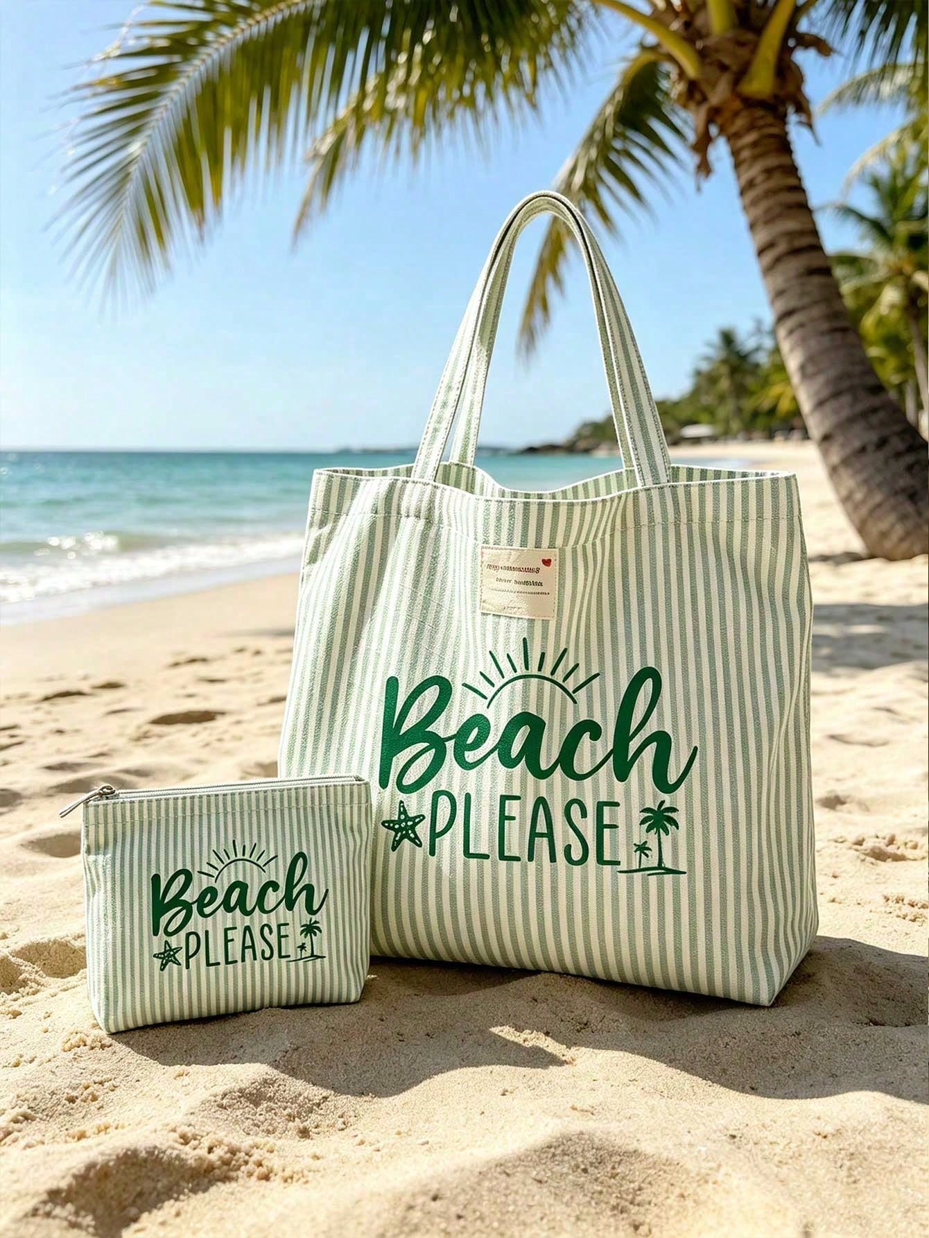Grand sac fourre-tout de style plage à rayures avec pochette de rangement assortie - — vue 3