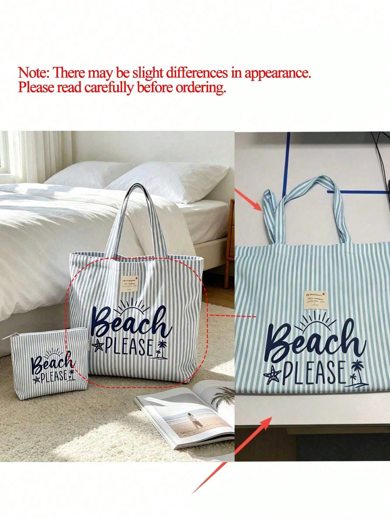 Grand sac fourre-tout de style plage à rayures avec pochette de rangement assortie - — vue 10