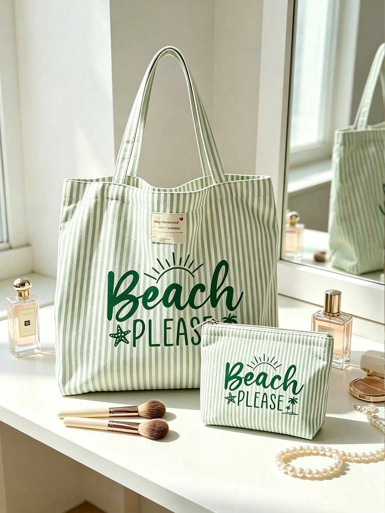 Grand sac fourre-tout de style plage à rayures avec pochette de rangement assortie - — vue 9