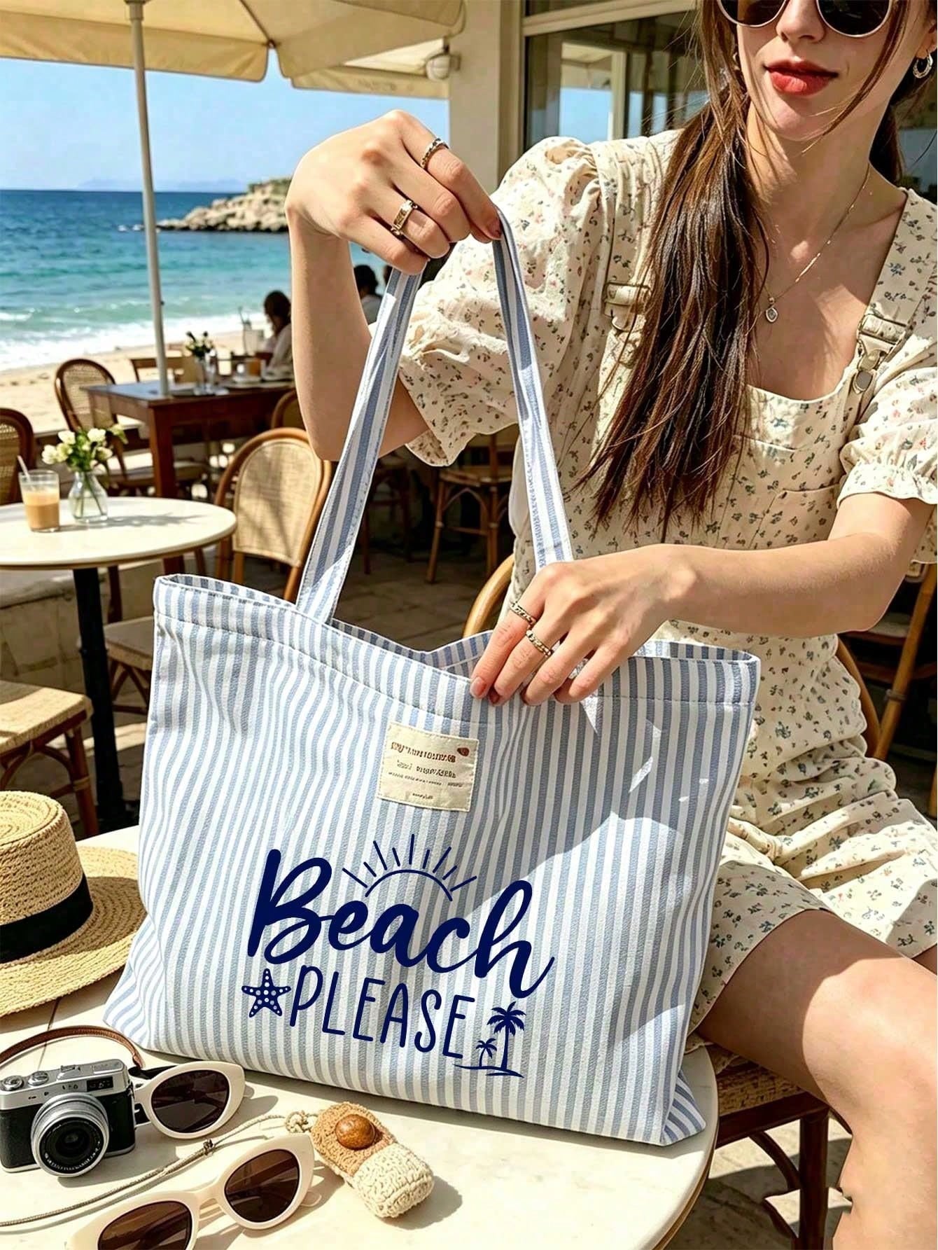 Grand sac fourre-tout de style plage à rayures avec pochette de rangement assortie - — vue 7