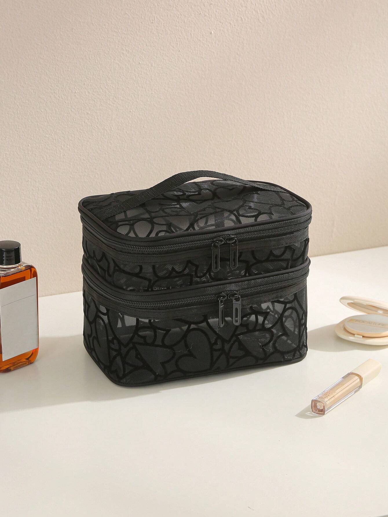 Sac de maquillage multifonction en maille noire à grande capacité avec double — vue 6
