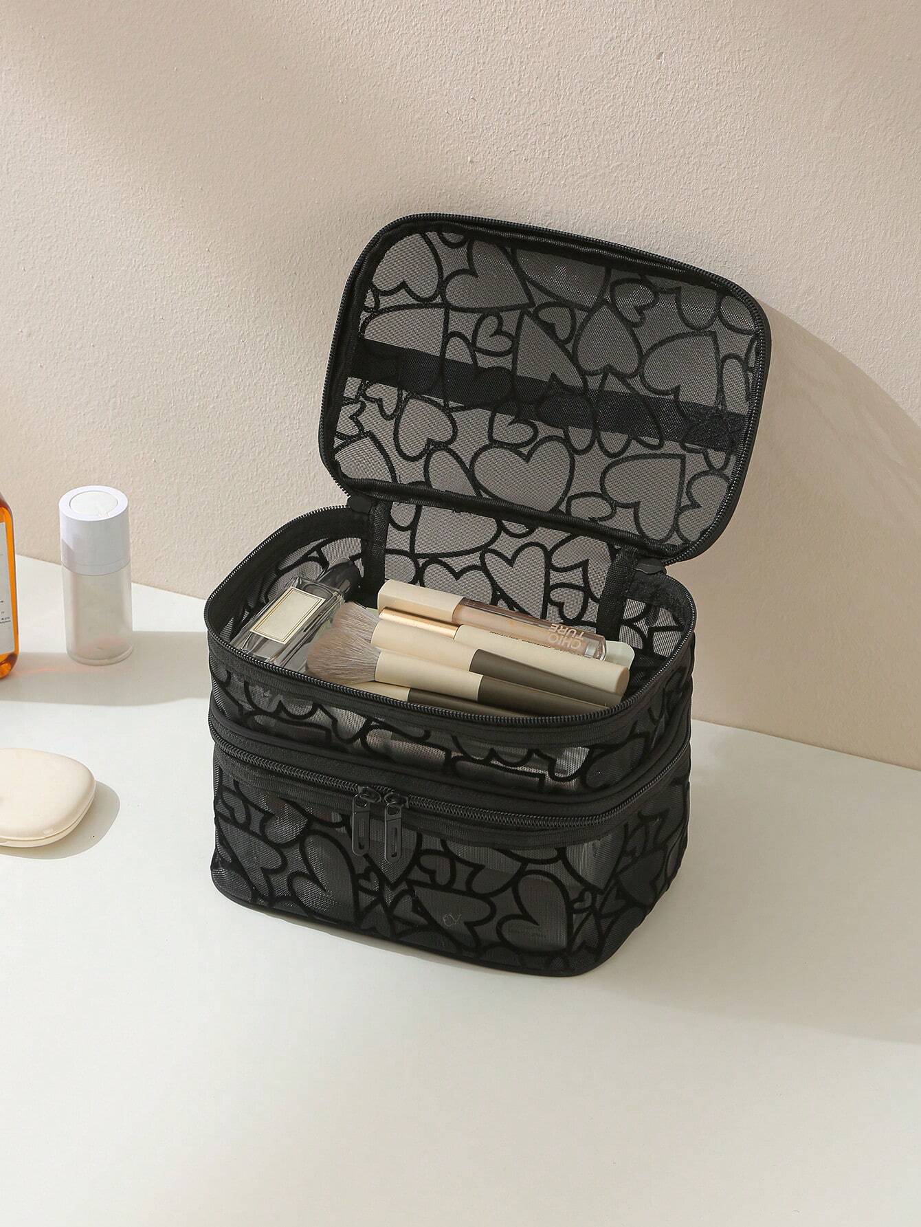 Sac de maquillage multifonction en maille noire à grande capacité avec double — vue 5