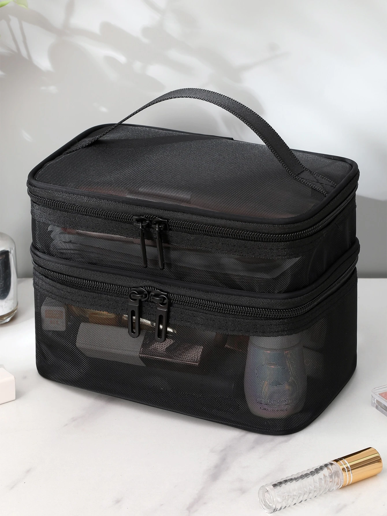 Sac de maquillage multifonction en maille noire à grande capacité avec double — vue 2