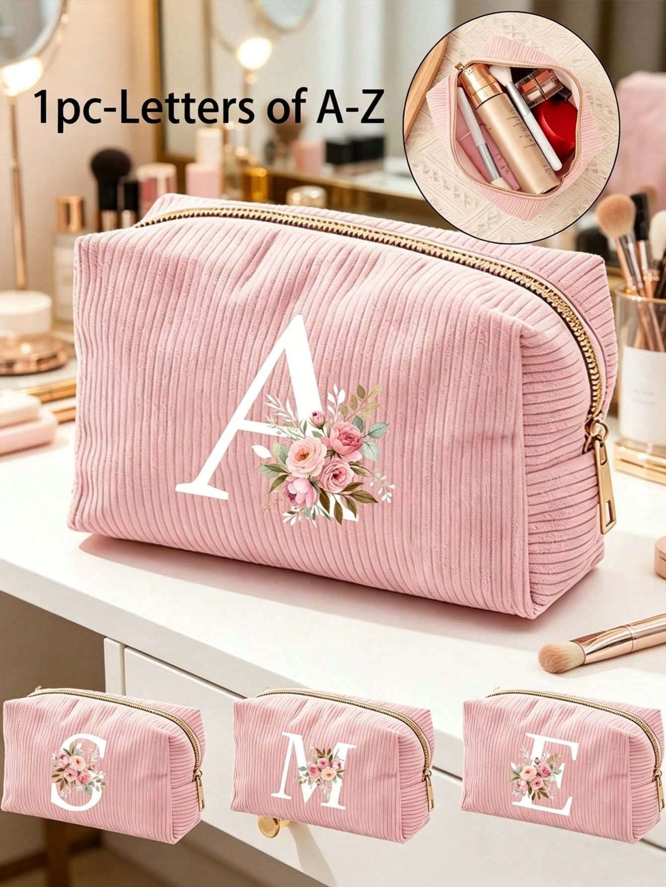 Sac de maquillage en velours rose A-Z avec lettre initiale, sac de toilette de voyage
