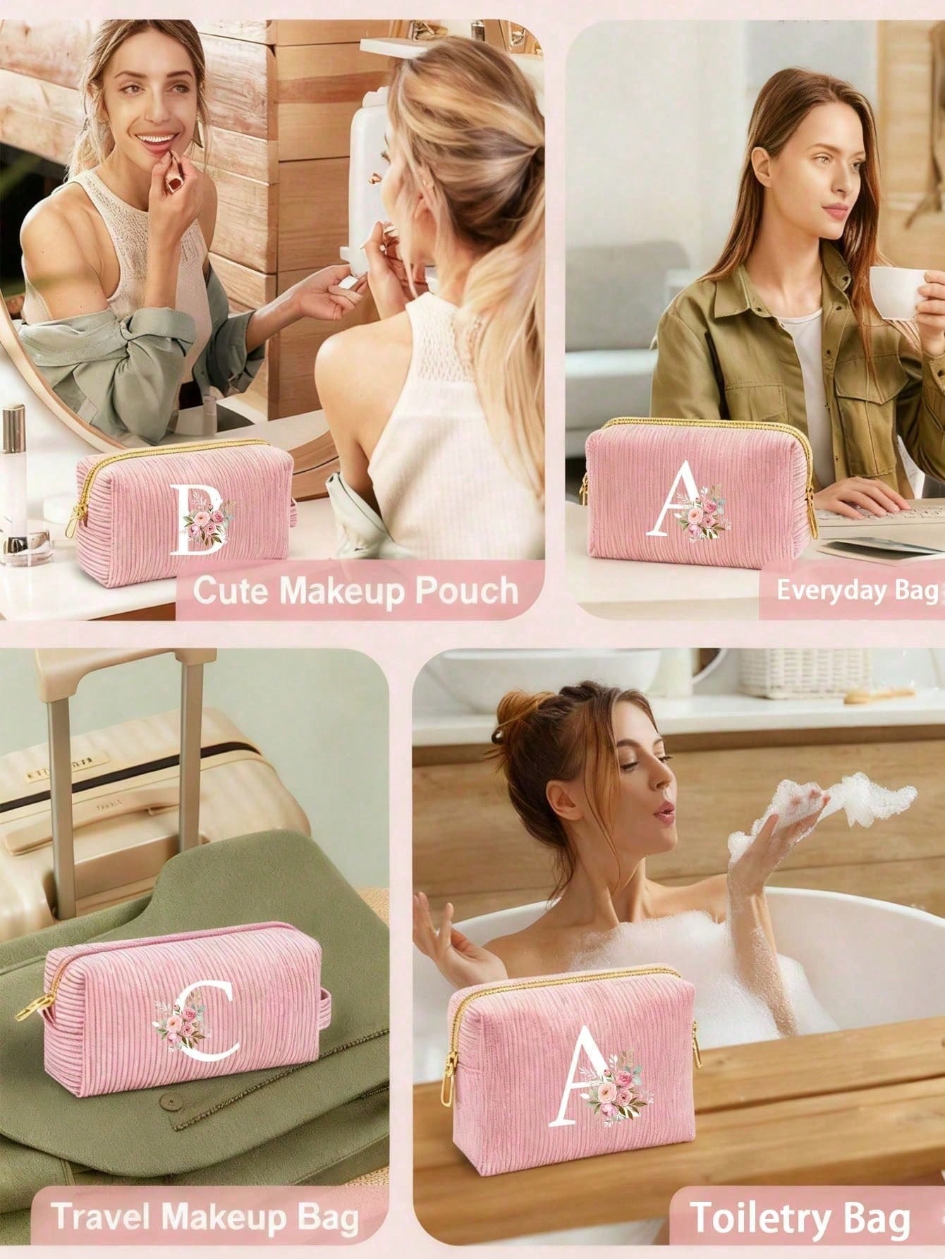 Sac de maquillage en velours rose A-Z avec lettre initiale, sac de toilette de voyage — vue 2