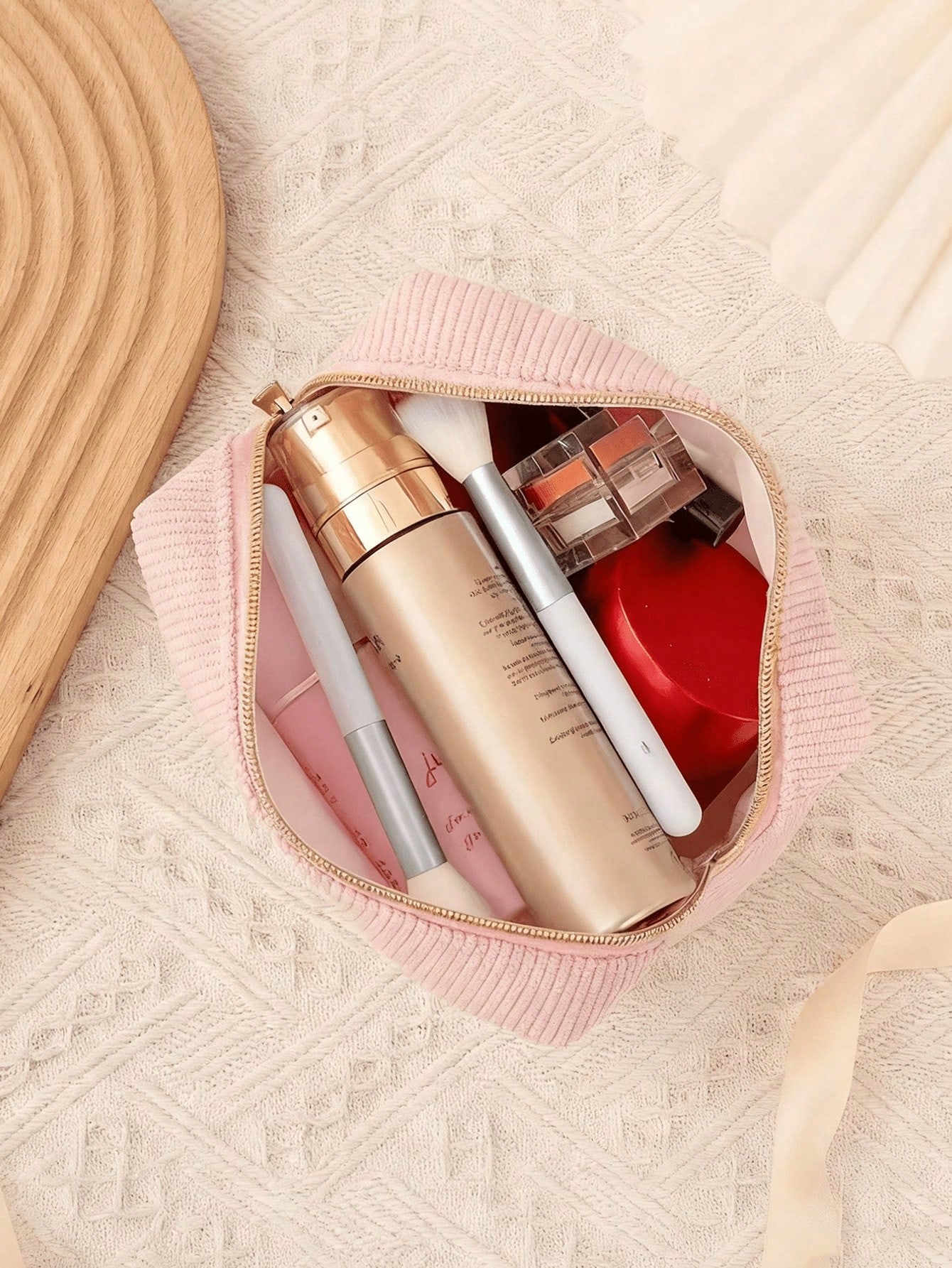 Sac de maquillage en velours rose A-Z avec lettre initiale, sac de toilette de voyage — vue 3