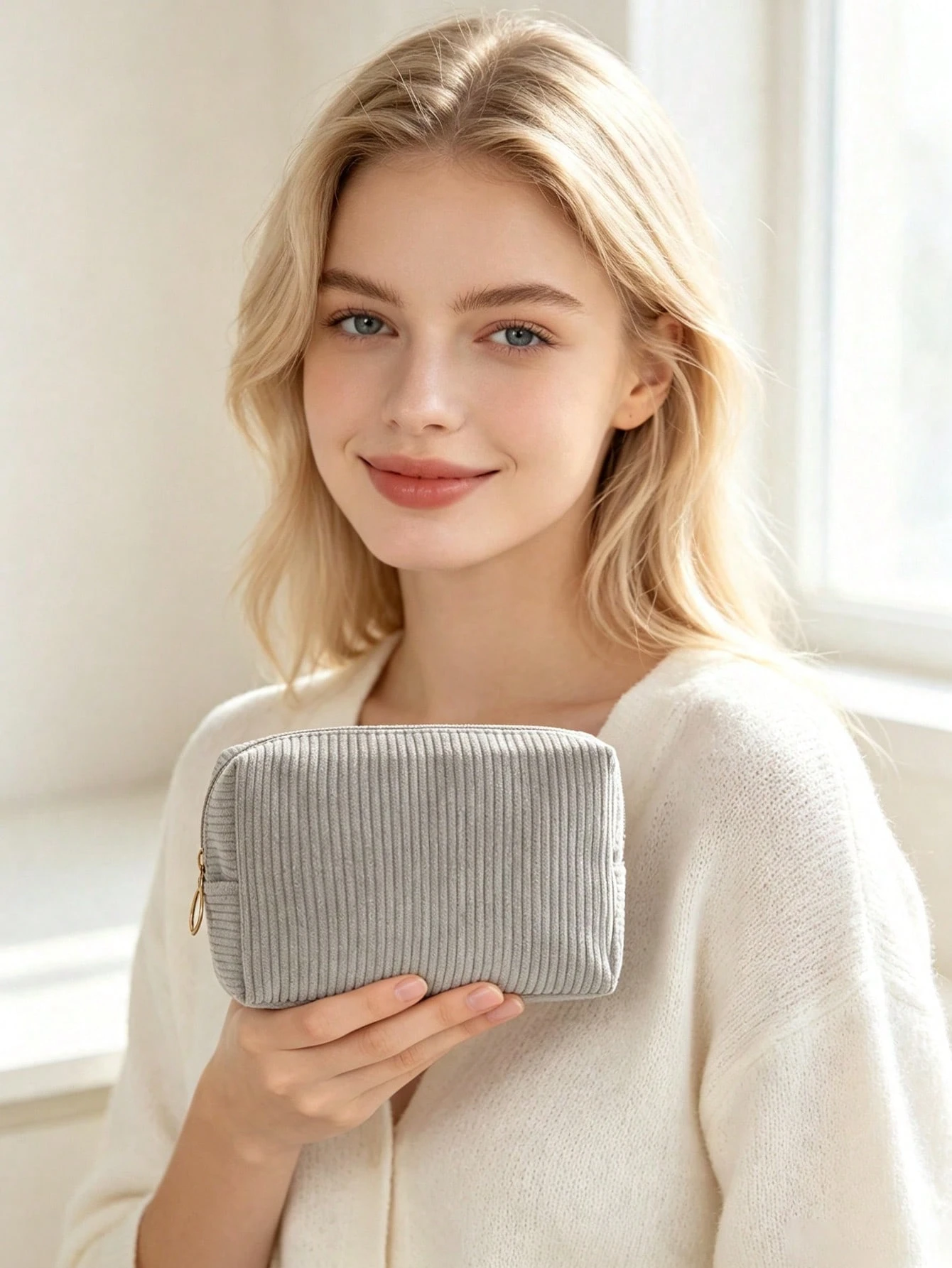 Sac de maquillage en velours côtelé minimaliste à la mode, organisateur de rangement de — vue 3