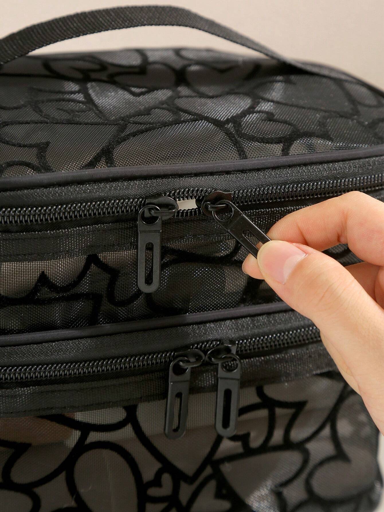Sac de maquillage multifonction en maille noire à grande capacité avec double — vue 8