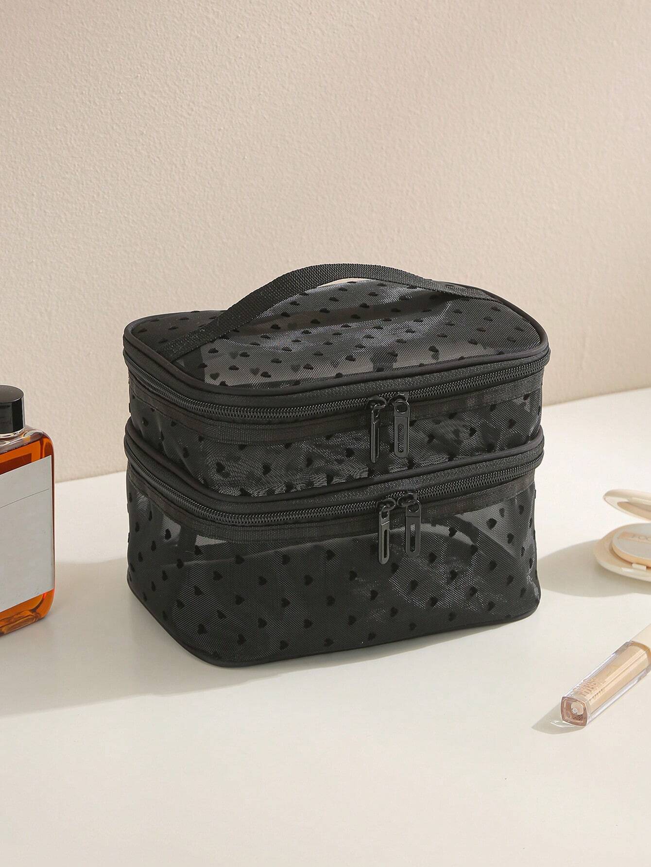 Sac de maquillage multifonction en maille noire à grande capacité avec double — vue 11