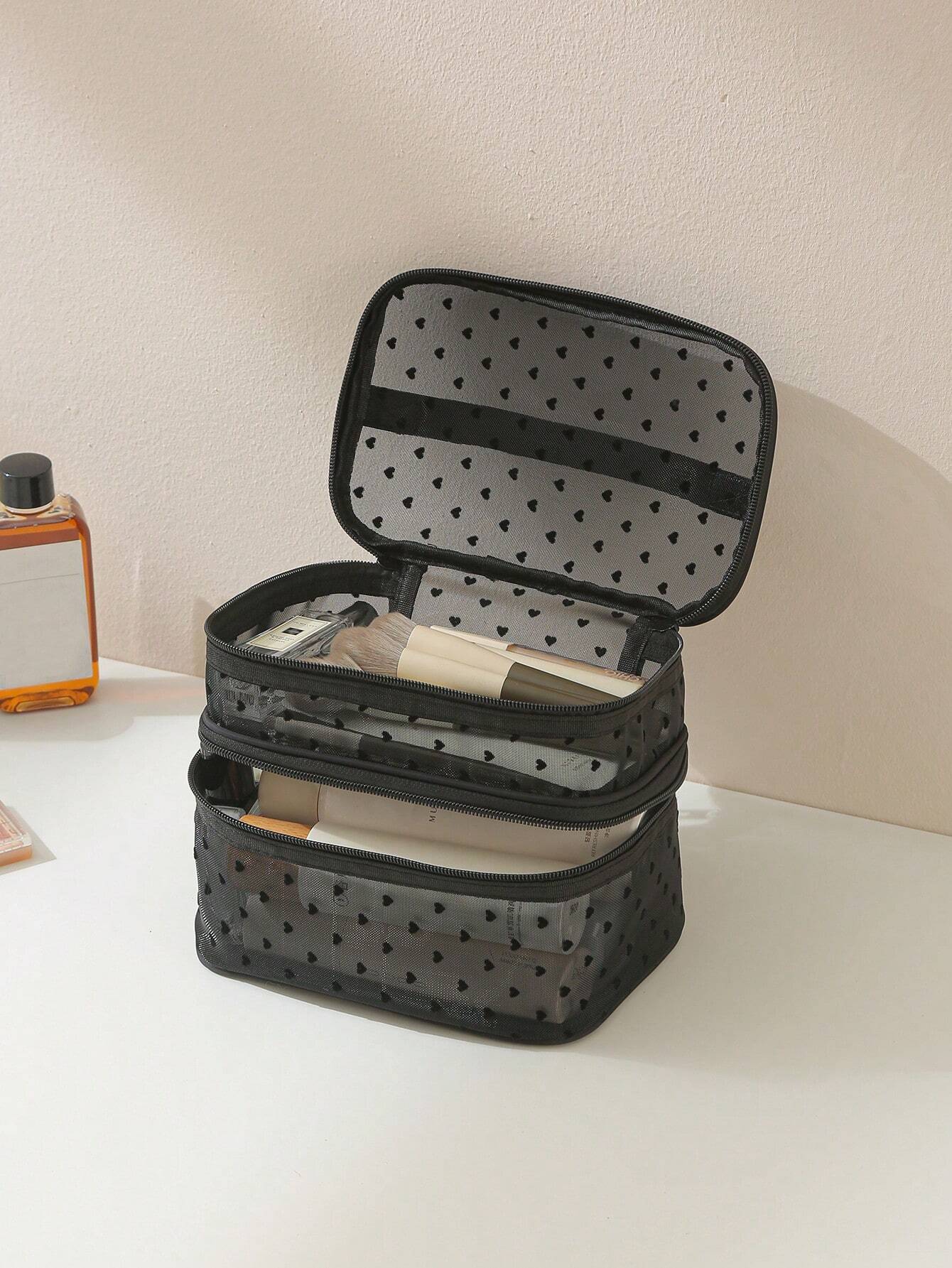 Sac de maquillage multifonction en maille noire à grande capacité avec double — vue 10