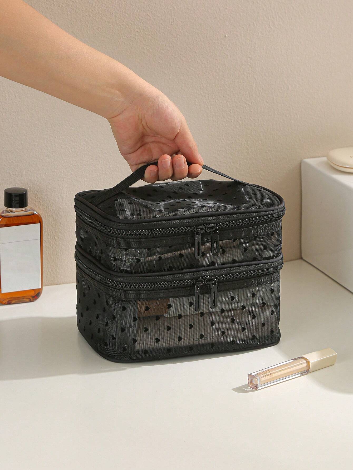 Sac de maquillage multifonction en maille noire à grande capacité avec double — vue 12