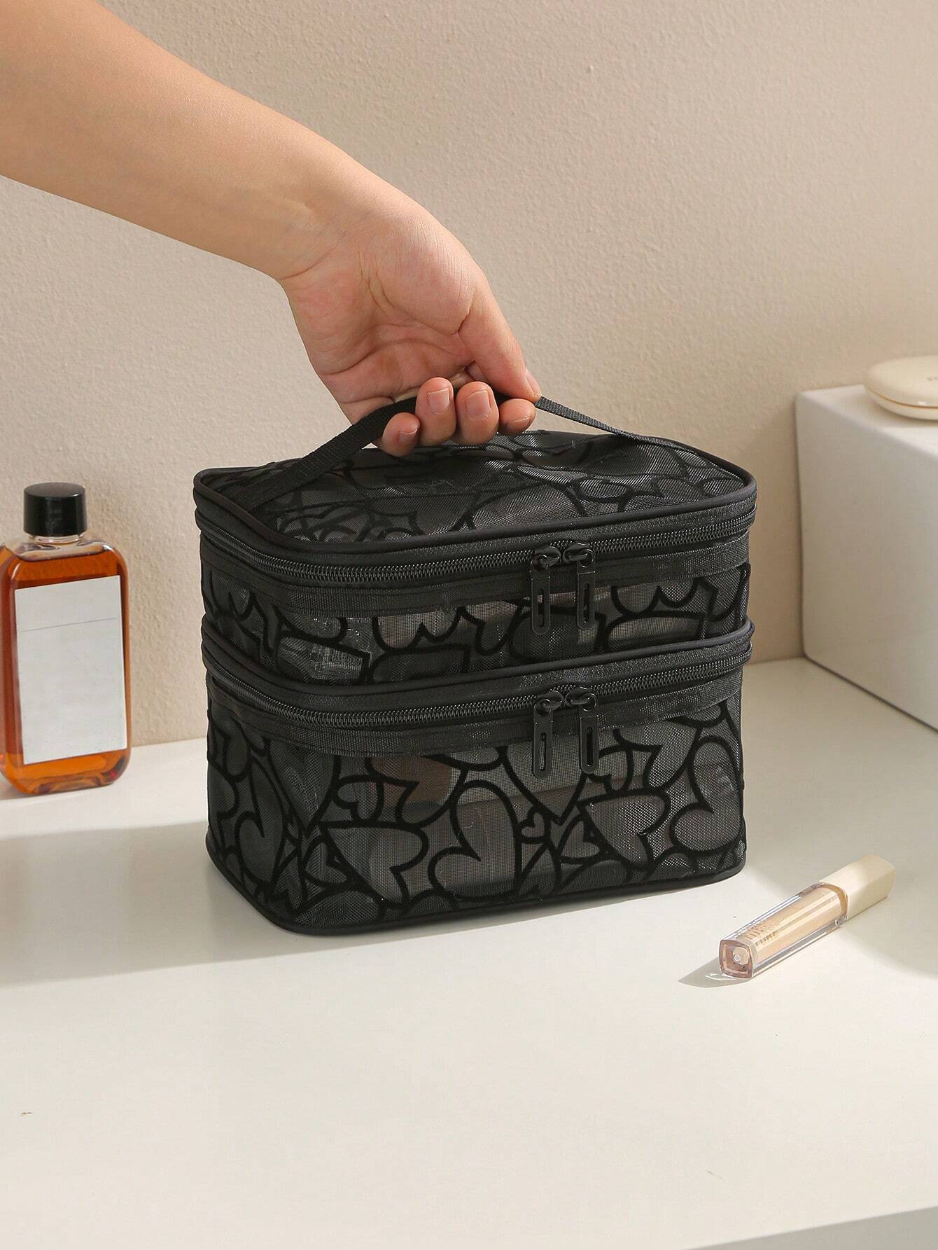 Sac de maquillage multifonction en maille noire à grande capacité avec double — vue 7
