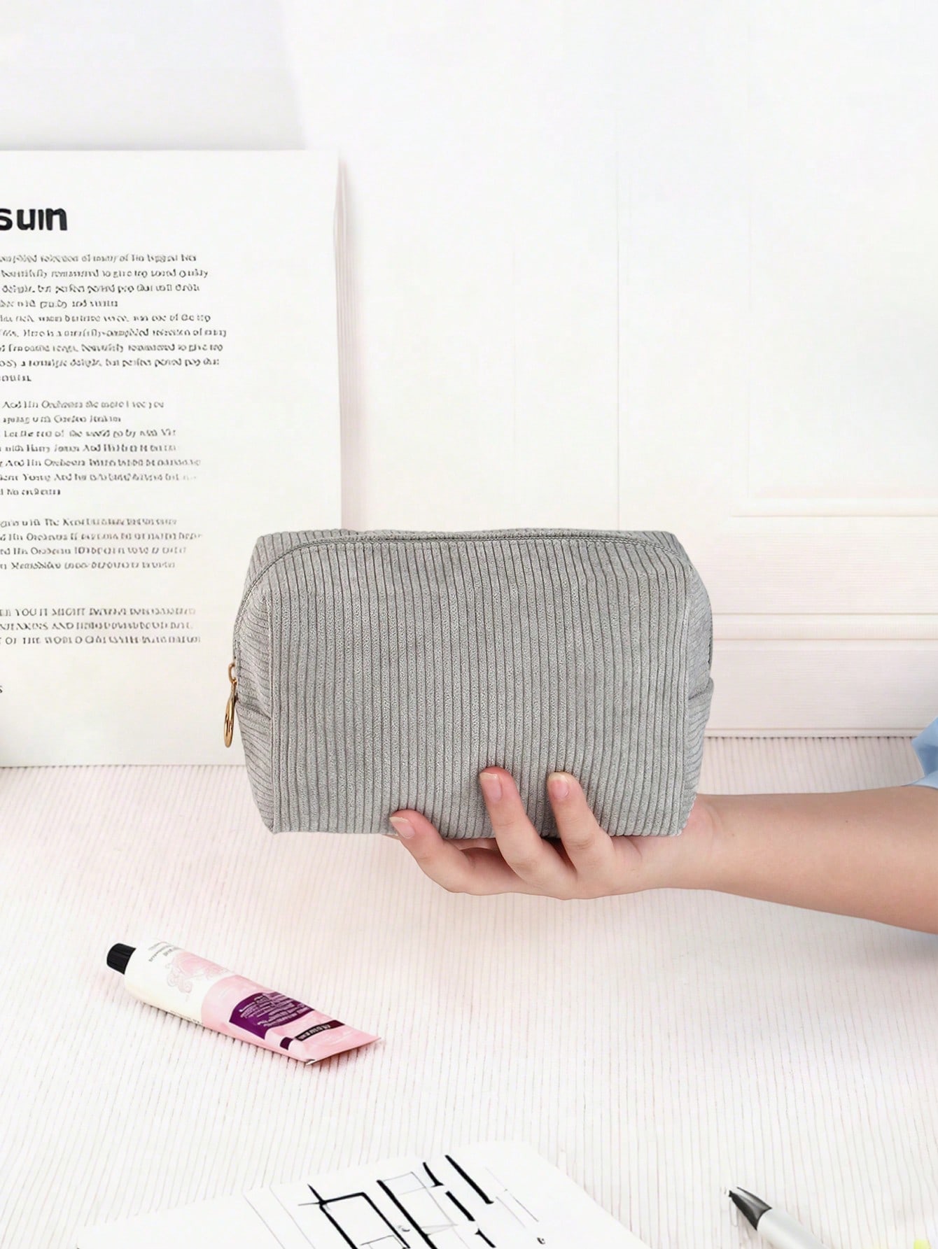 Sac de maquillage en velours côtelé minimaliste à la mode, organisateur de rangement de — vue 12