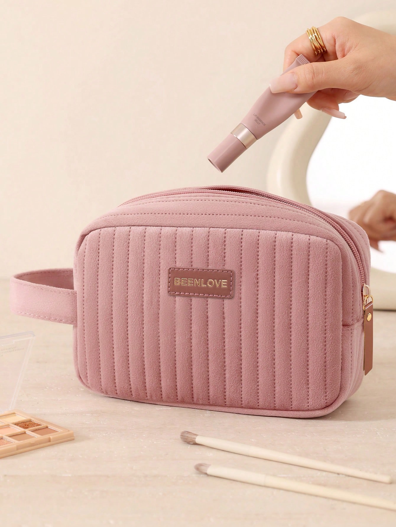 1/3 pièces Sac cosmétique portable en velours - Trousse de maquillage zippée légère, — vue 4