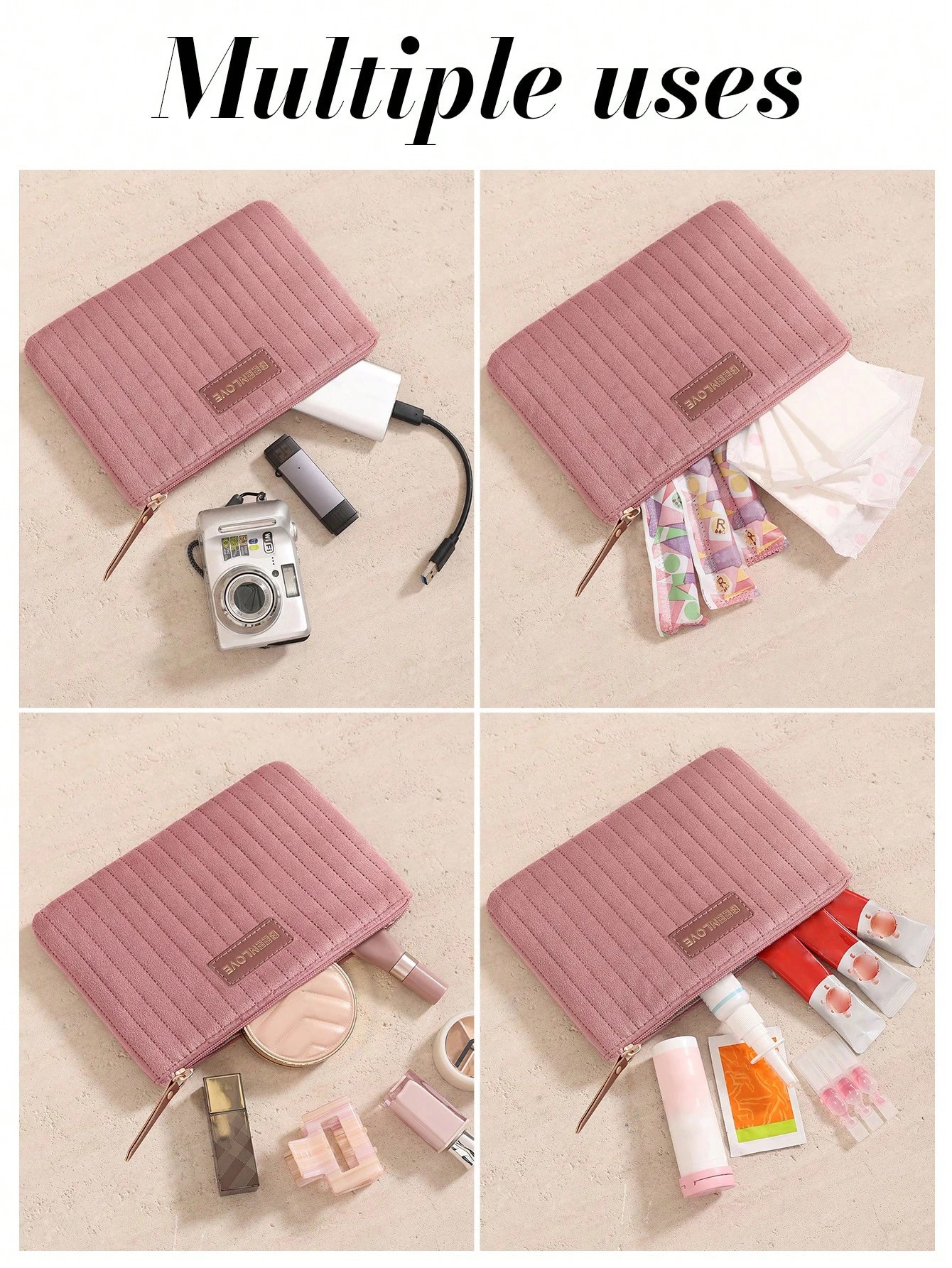 1/3 pièces Sac cosmétique portable en velours - Trousse de maquillage zippée légère, — vue 7