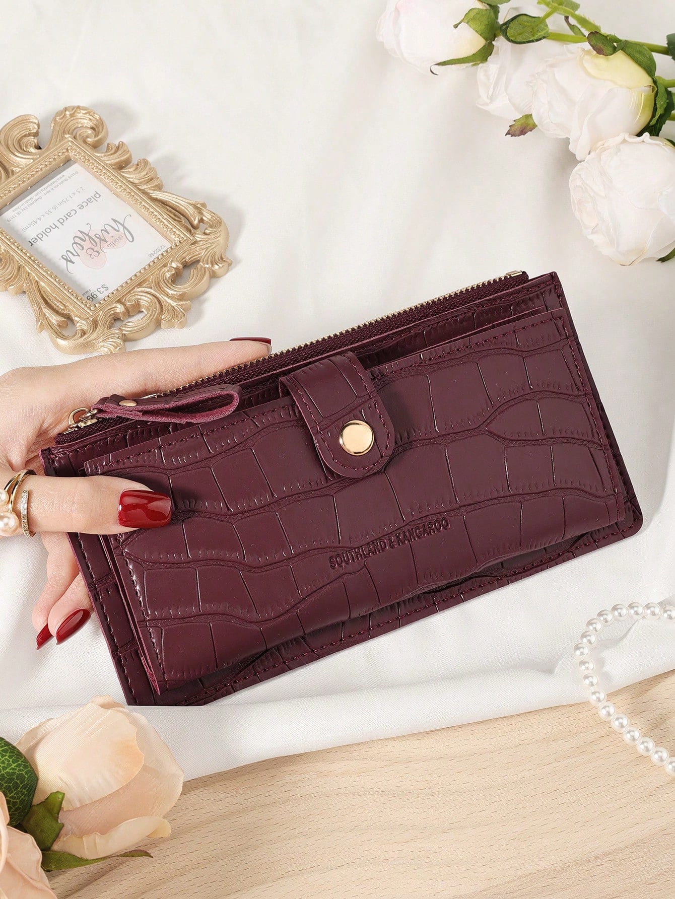Sac bordeaux, sac rouge cerise, sac rouge vin, portefeuille long pliant pour femme avec