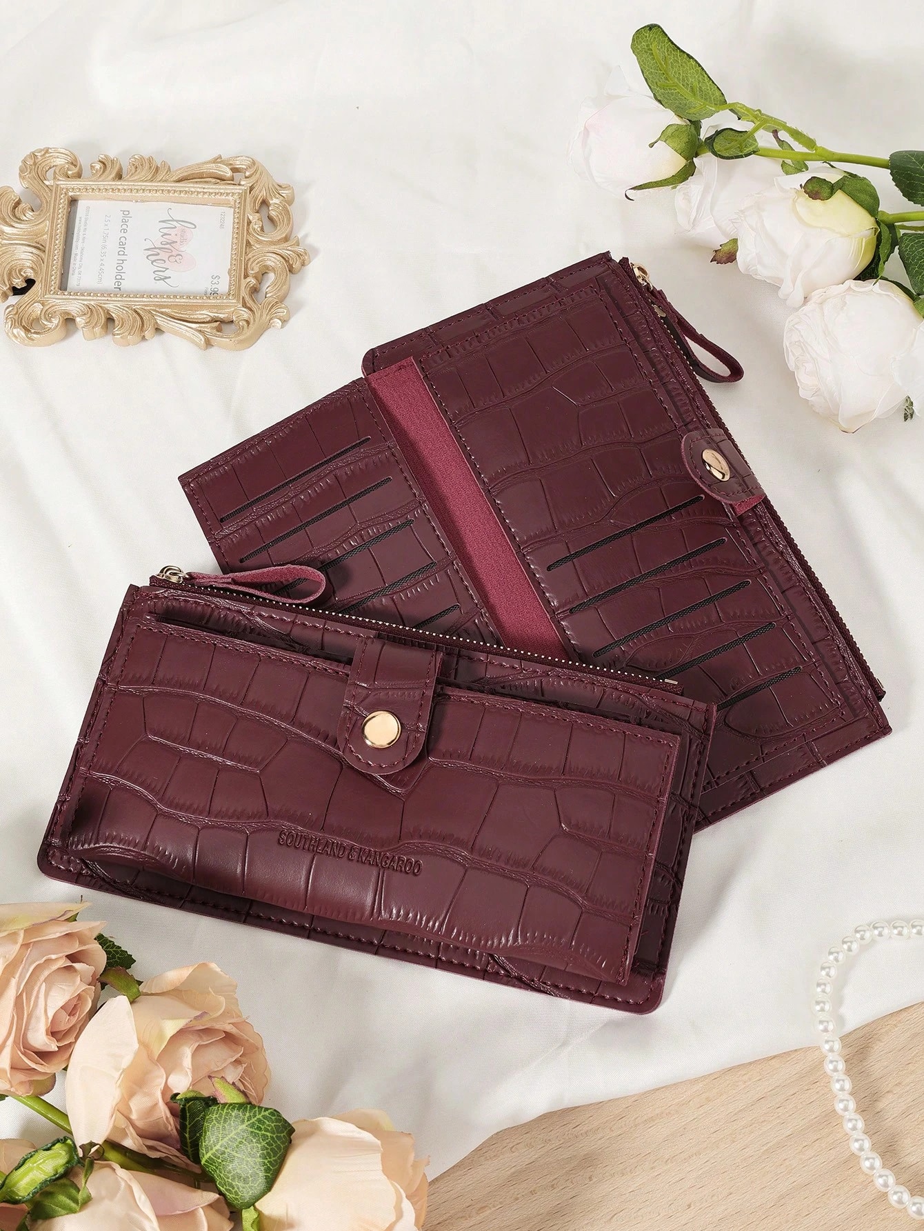 Sac bordeaux, sac rouge cerise, sac rouge vin, portefeuille long pliant pour femme avec — vue 5