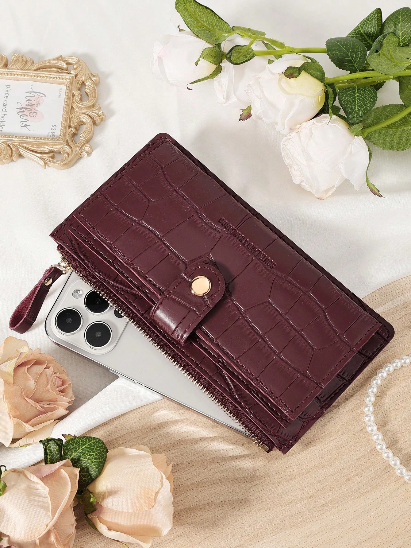 Sac bordeaux, sac rouge cerise, sac rouge vin, portefeuille long pliant pour femme avec — vue 9